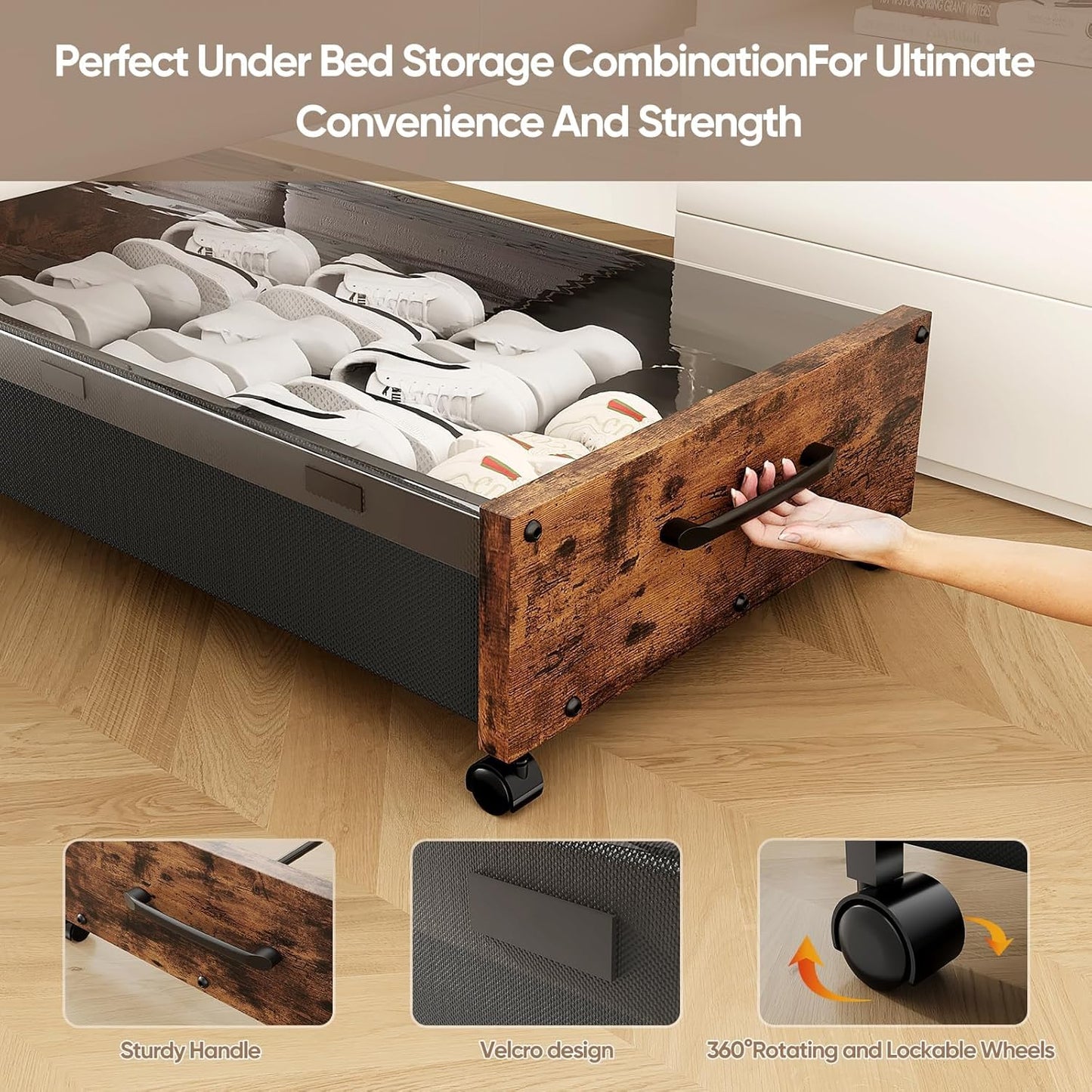 Under Bed Storage Containers with Wheels, Extra Large Wooden Underbed Shoes Organizer 2 Packs, Rolling Under the Bed Storage Drawers with Clear Lid, Heavy Duty Metal Frame for Clothes 36"L (Vintage)