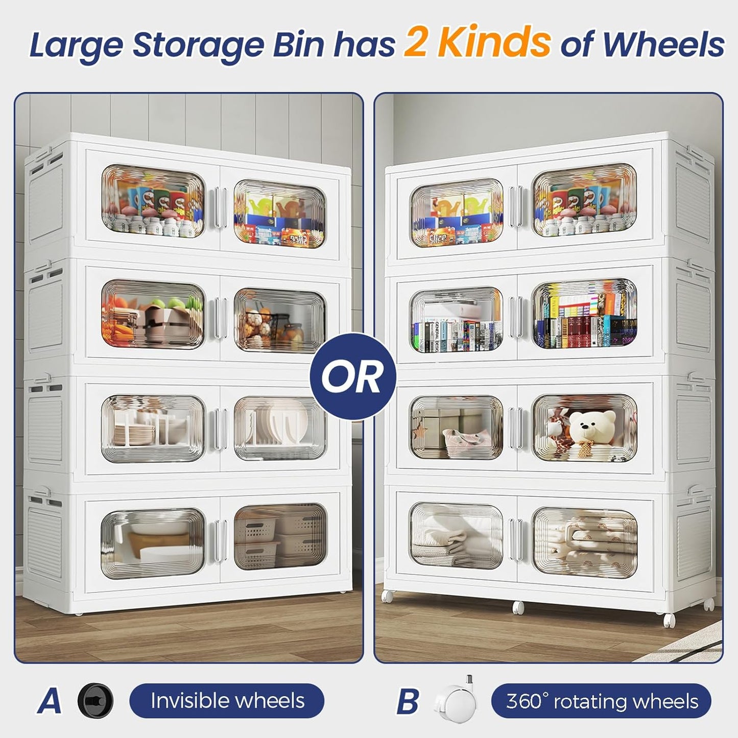 200 Gallon Extra Large Storage Bin with Lid and Wheels, Stackable Collapsible Plastic Storage Box with Door, Foldable Organizer for Closet, Kitchen, Office, Living Room, 4 Pack White