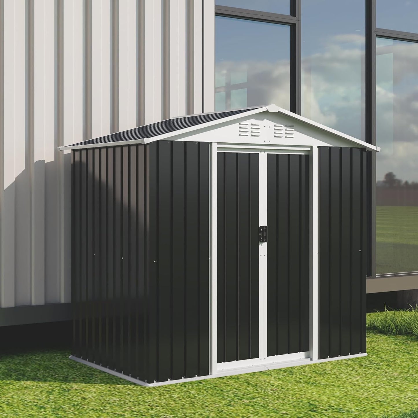 Outdoor Sheds 6FT x 4FT Outdoor Storage, Metal Anti-Corrosion Utility Tool House with Lockable Door & Shutter Vents,Outdoor Waterproof Garden Tool Metal Storage Sheds(Grey)