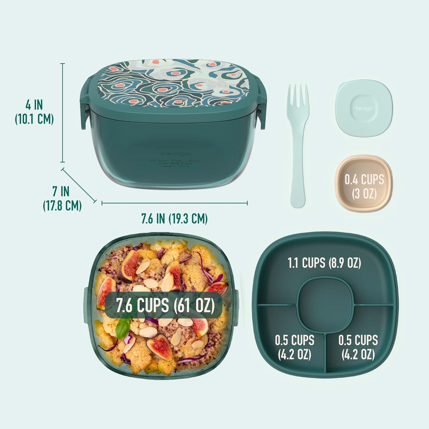 Bentgo Glass Prints All-in-One Salad Container - 61oz Tinted Glass Salad Bowl with Lid, Bento-Style Tray, Sauce Container, & Reusable Fork - Dishwasher & Microwave Safe (Floral Maximalist - Sea)