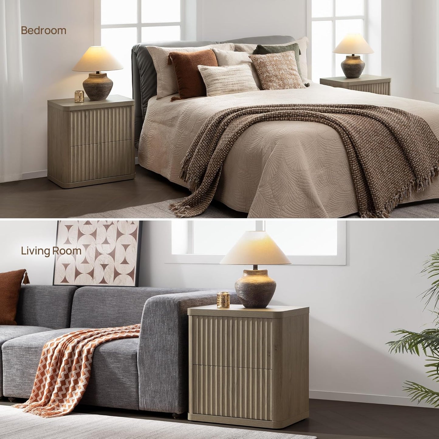 SICOTAS Night Stand Set of 2 Nightstands with 2 Drawers Storage Bedside Table Large Fluted Bed Side End Table Modern 24.4" Tall Wide Night Stands for Bedroom Living Room Sofa Couch Office, Grey Alder
