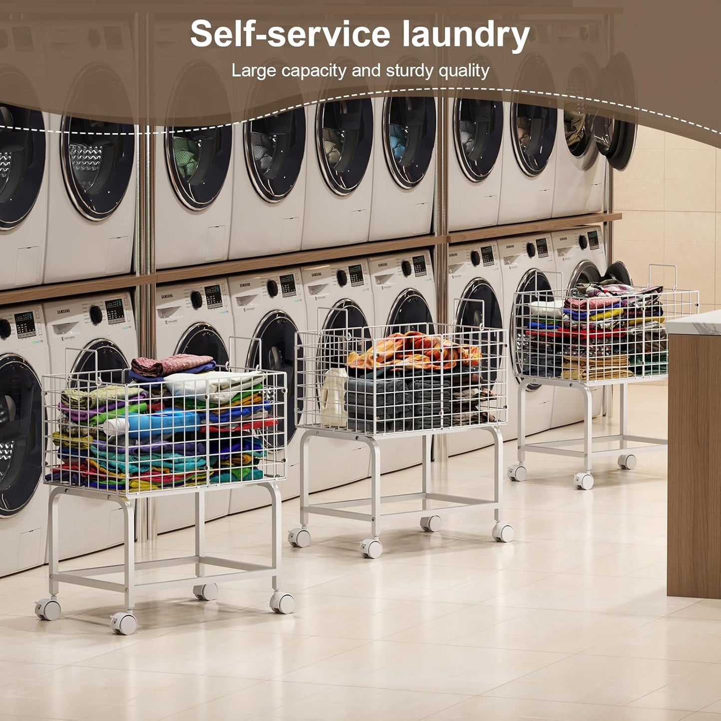 Wire Laundry Hamper Cart,80L Laundry Hamper Trolley with Pull Handle,White High Laundry Basket Cart for Laundry Room,Bathroom,Bedroom-White(23.6 * 15.75 * 28inch)
