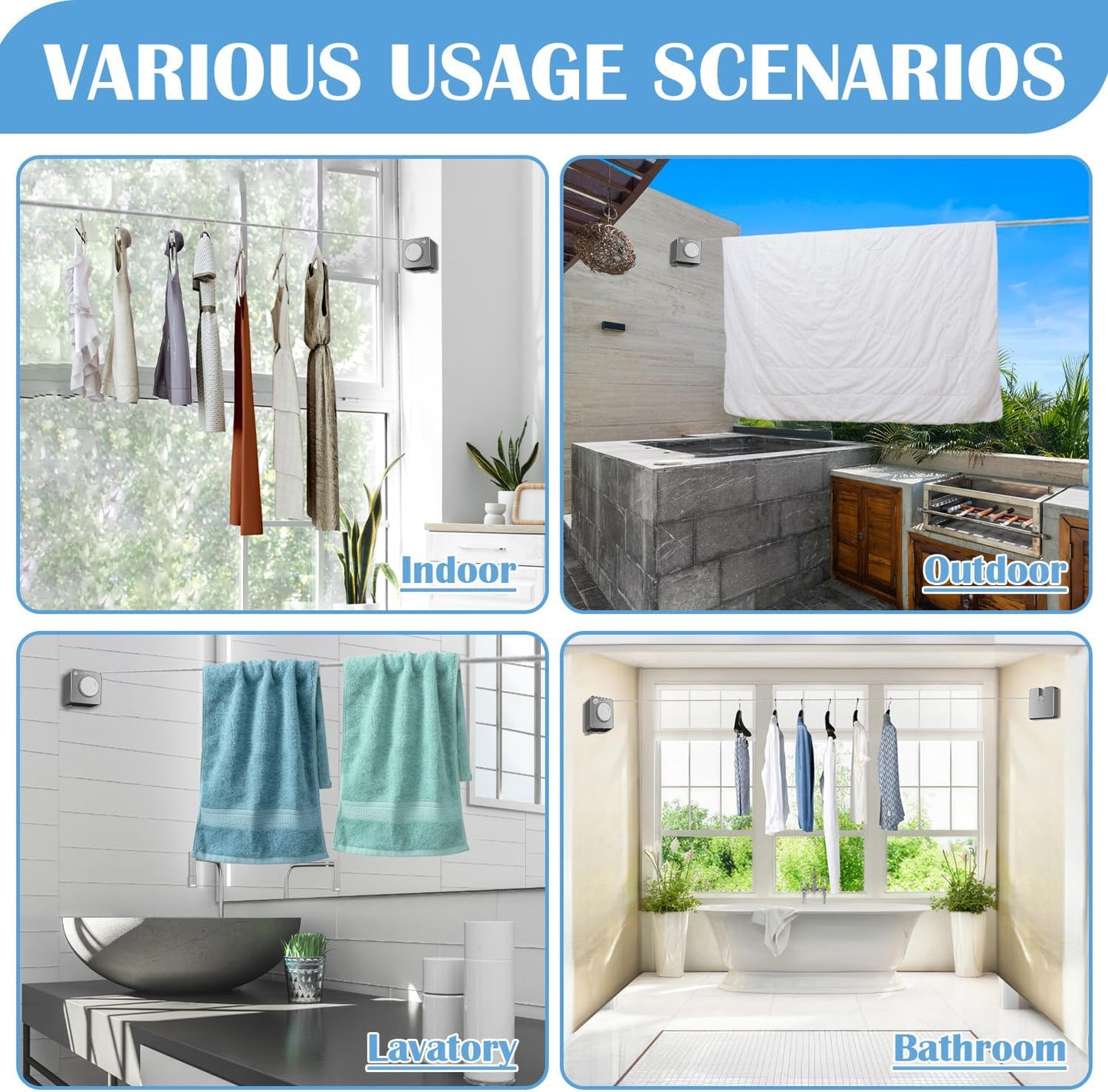 Retractable Clothesline Indoor, Non-Sagging Outdoor Clothes Line Retracting 15.7 Feet Heavy Duty Laundry Line Retractable Wall Mounted Clothes Line Outdoors (Square-Grey)