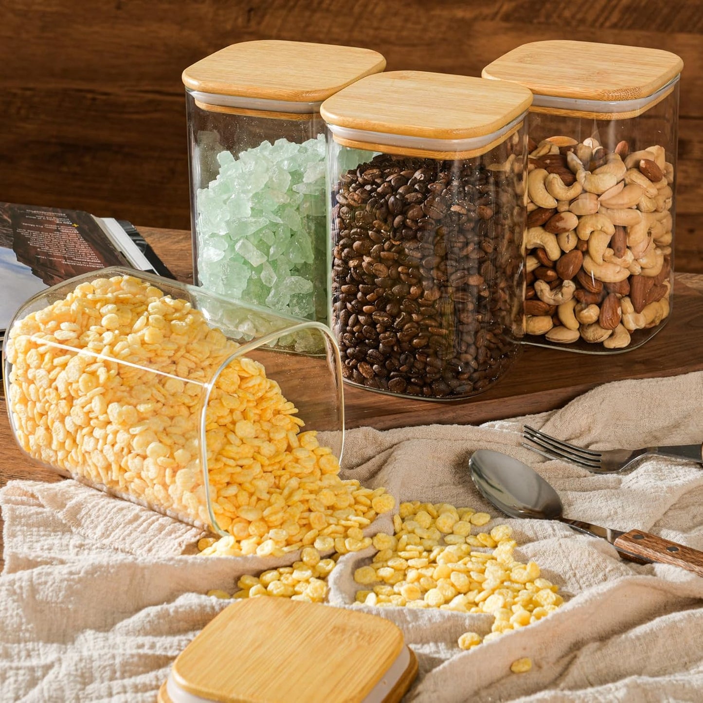 37oz Airtight Glass Square Storage Canisters with Bamboo Lid Set of 6 (1100ml) Stackable Containers, Kitchen Jars for Pantry Noodles, Flour and Coffee beans (with Black Lable)