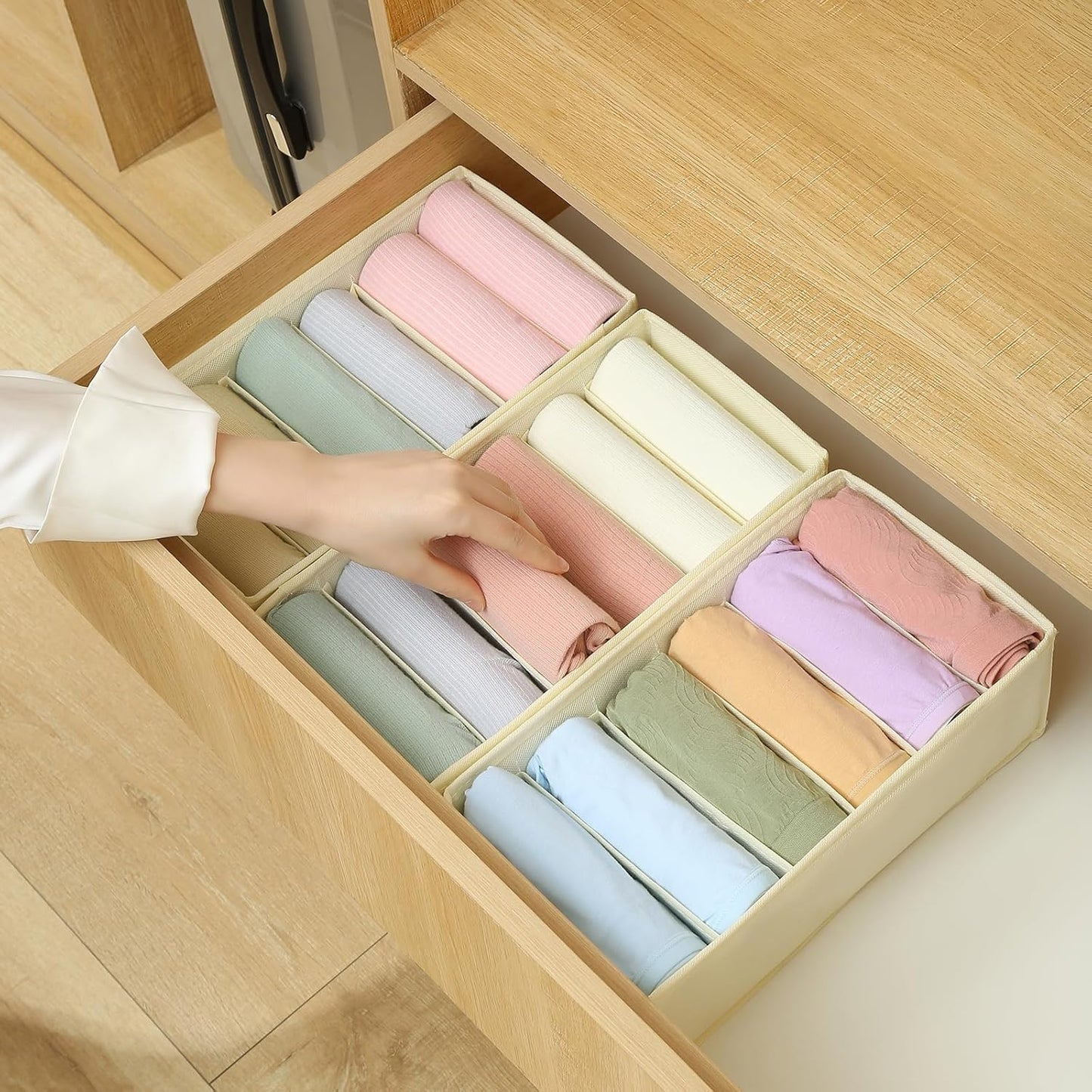 Qozary 3 Pack Sock Underwear Drawer Organizer Dividers, Non-Woven Fabric Collapsible Cabinet Closet Storage Boxes for Clothes, Socks, Lingerie, Underwear, Tie, Belt, Baby, Bedroom (Beige, 6 Cells)