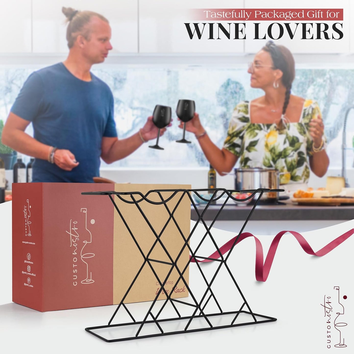 Gusto Nostro Small Wine Racks Countertop Storage for 8 Bottles & 4 Glasses - Countertop Wine Rack with Glass Holder, Modern Tabletop Black Wine Rack, Wine Holder Stand for Kitchen Cabinet Wine Cellar