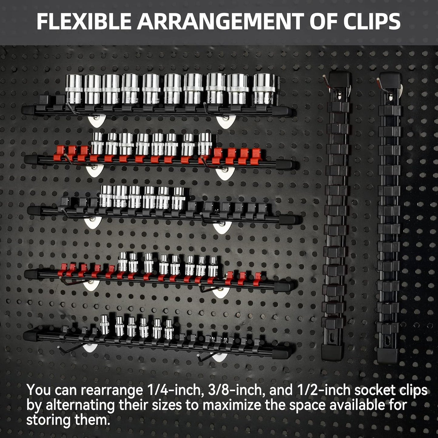 Socket Organizer Drive ABS Tools - Black Socket Holder, Premium Quality 18 Pieces Socket Holders Kit 1/4-Inch x 96 Clips, 3/8-Inch x 90 Clips, 1/2-Inch x 72 Clips(18PC,Black)