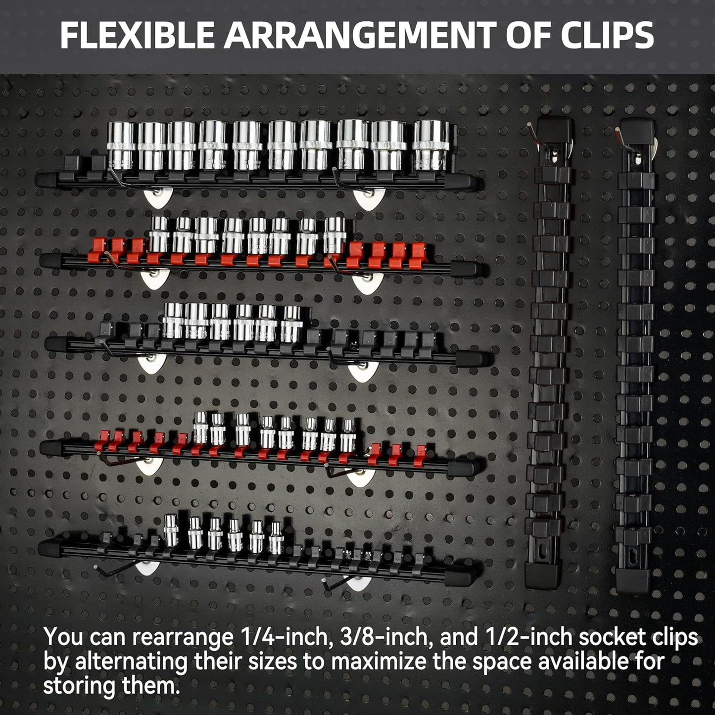 Socket Organizer Drive ABS Tools - Black Socket Holder, Premium Quality 12 Pieces Socket Holders Kit 1/4-Inch x 64 Clips, 3/8-Inch x 60 Clips, 1/2-Inch x 48 Clips(12PC,Black)