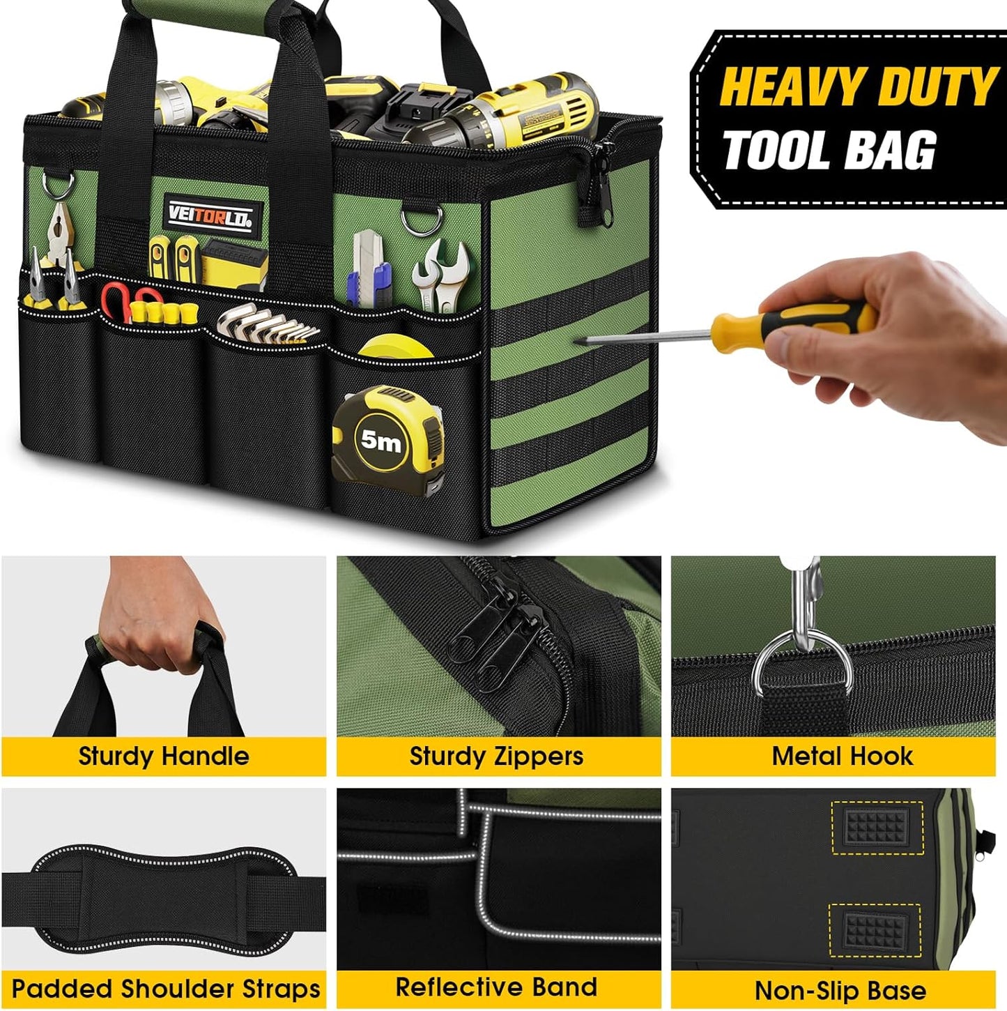Heavy Duty Tool Bag 16-Inch - 19 Pockets Tool Organizer, Portable Electrician Toolbox W/Soft Handle, Christmas Birthday Gift Ideas for Men Dad Husband Him Mechanic Plumber, Wide Mouth Tool Storage Box
