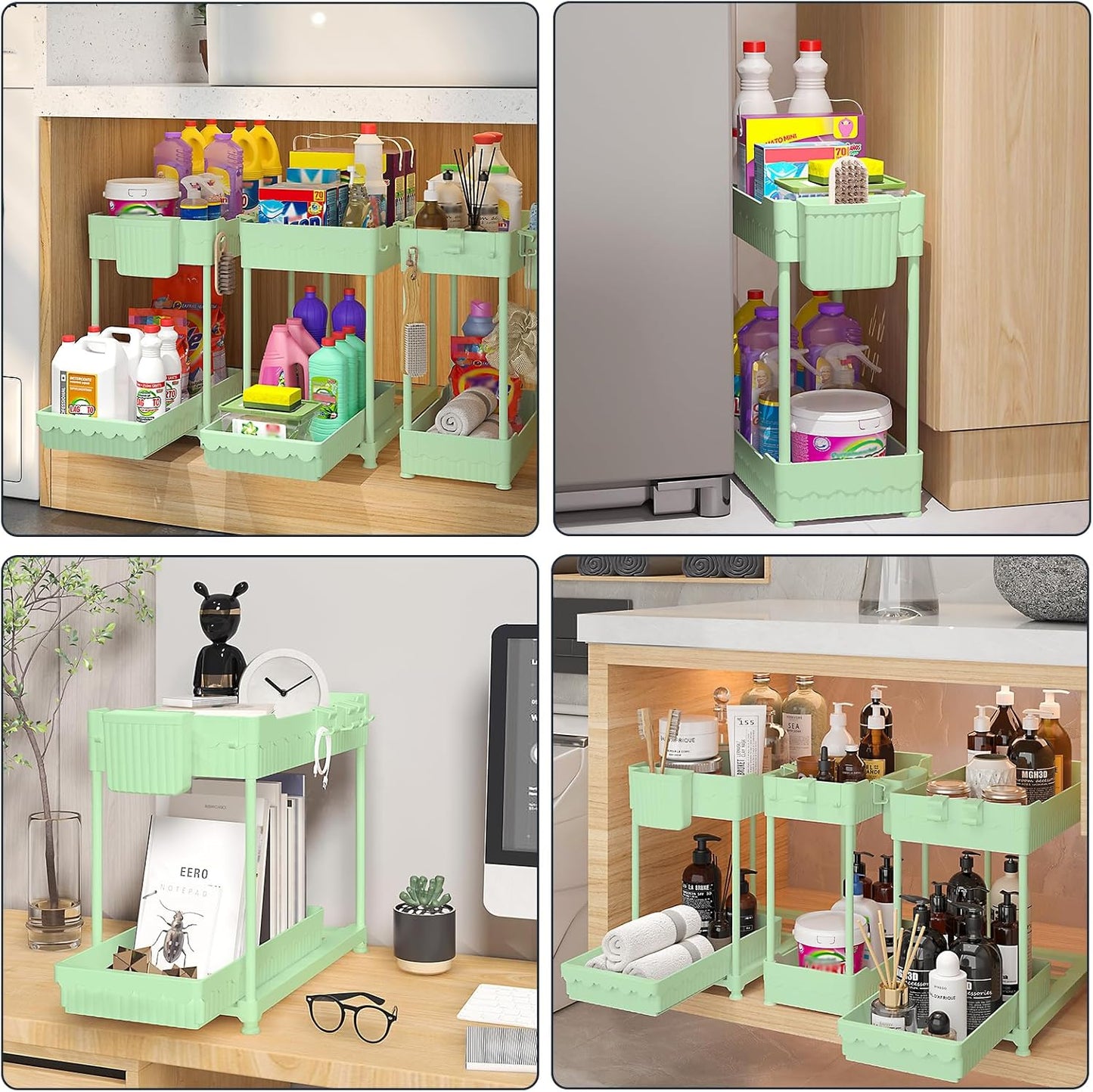 3 Pack Under Sink Organizers, 2-Tier Multi-Use Kitchen and Bathroom Organizers and Storage with Sliding Drawers,Bathroom Cabinet Organizer (Green, 12.8 Inch)