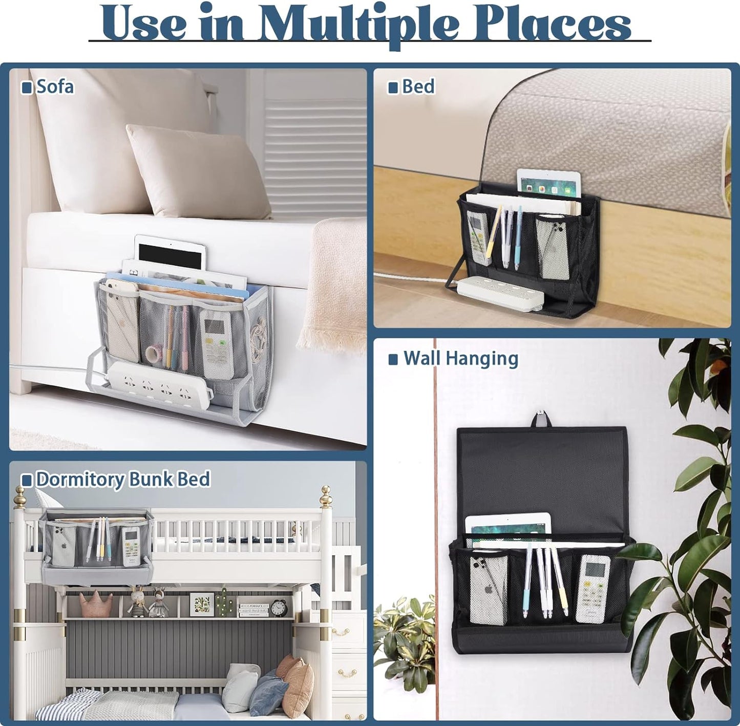 Bedside Caddy Bedside Storage Organizer Bedside Organizer with Power Strip Holder and 2 Adjustable Straps for Home Bunk Bed College Dorm Sofa (2 Pack Light Gray)