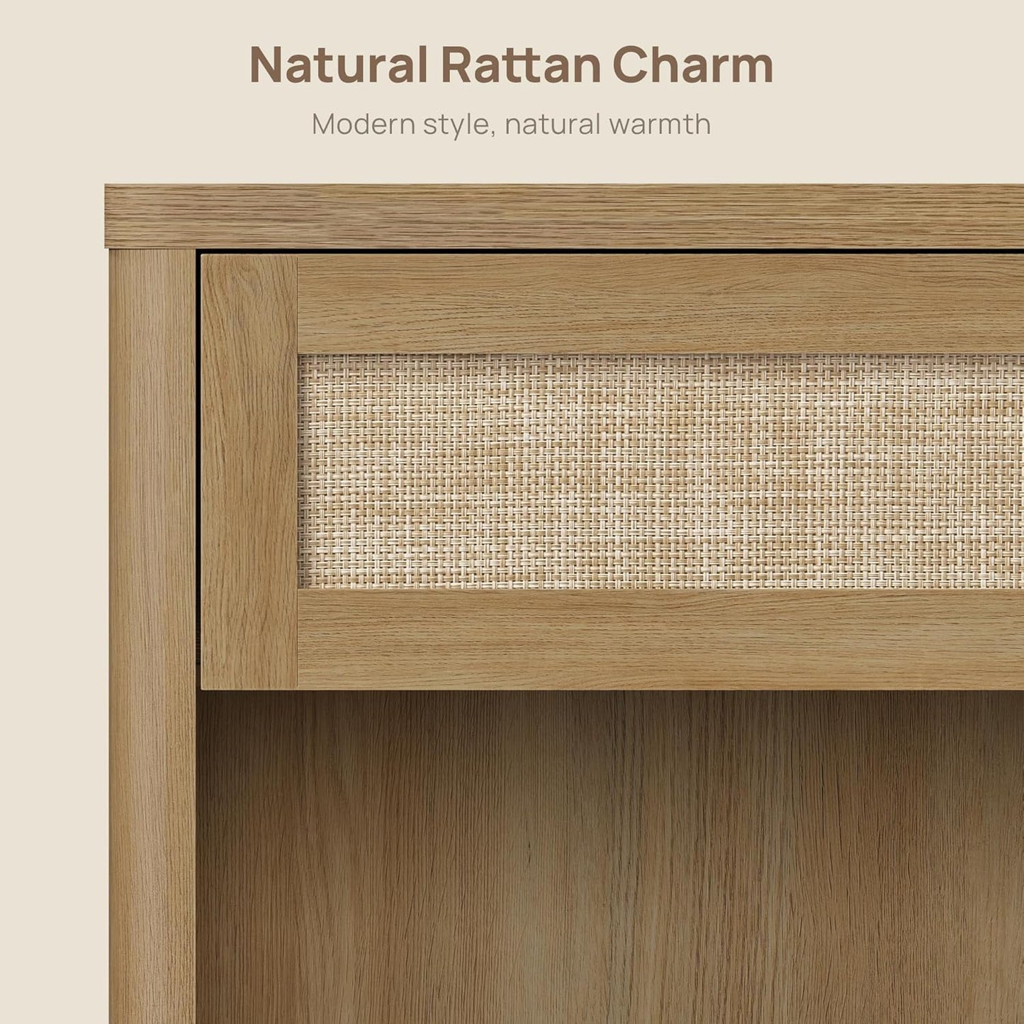 SICOTAS Night Stand 26" Wide Large Nightstands with Drawer & Shelf Storage Rattan Bedside Table Boho End Table Tall Bed Side Tables Night Stands for Bedroom Living Room Sofa Office Dorm, Amber Oak