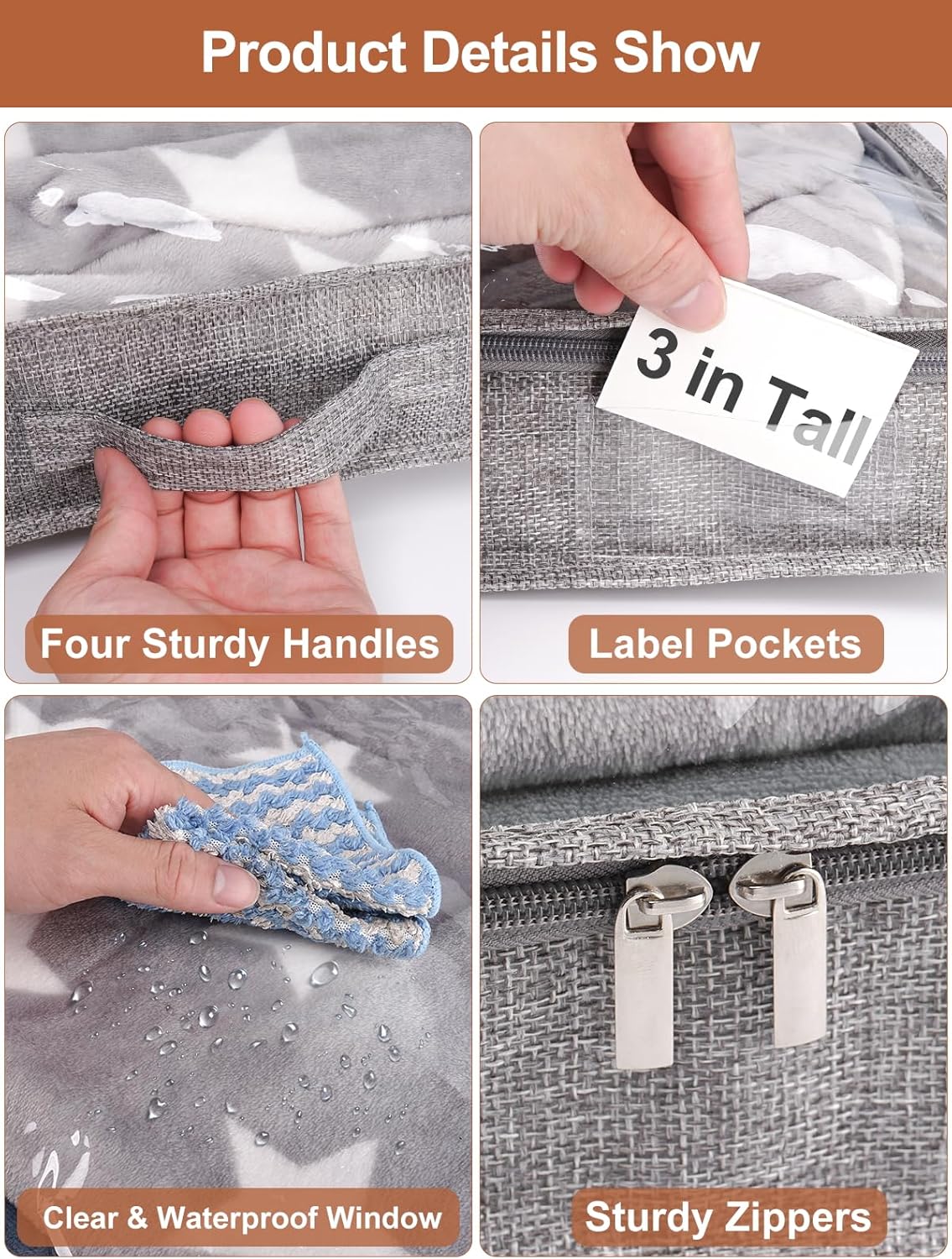 punemi 3-Inch Low Profile Under Bed Storage Containers,No-Structure, Soft Foldable Zippered Underbed Cloth Blanket Storage bins — Fits Under Crib, Couch,Sofa or Dorm bed, 4-Pack, 20x40x3in