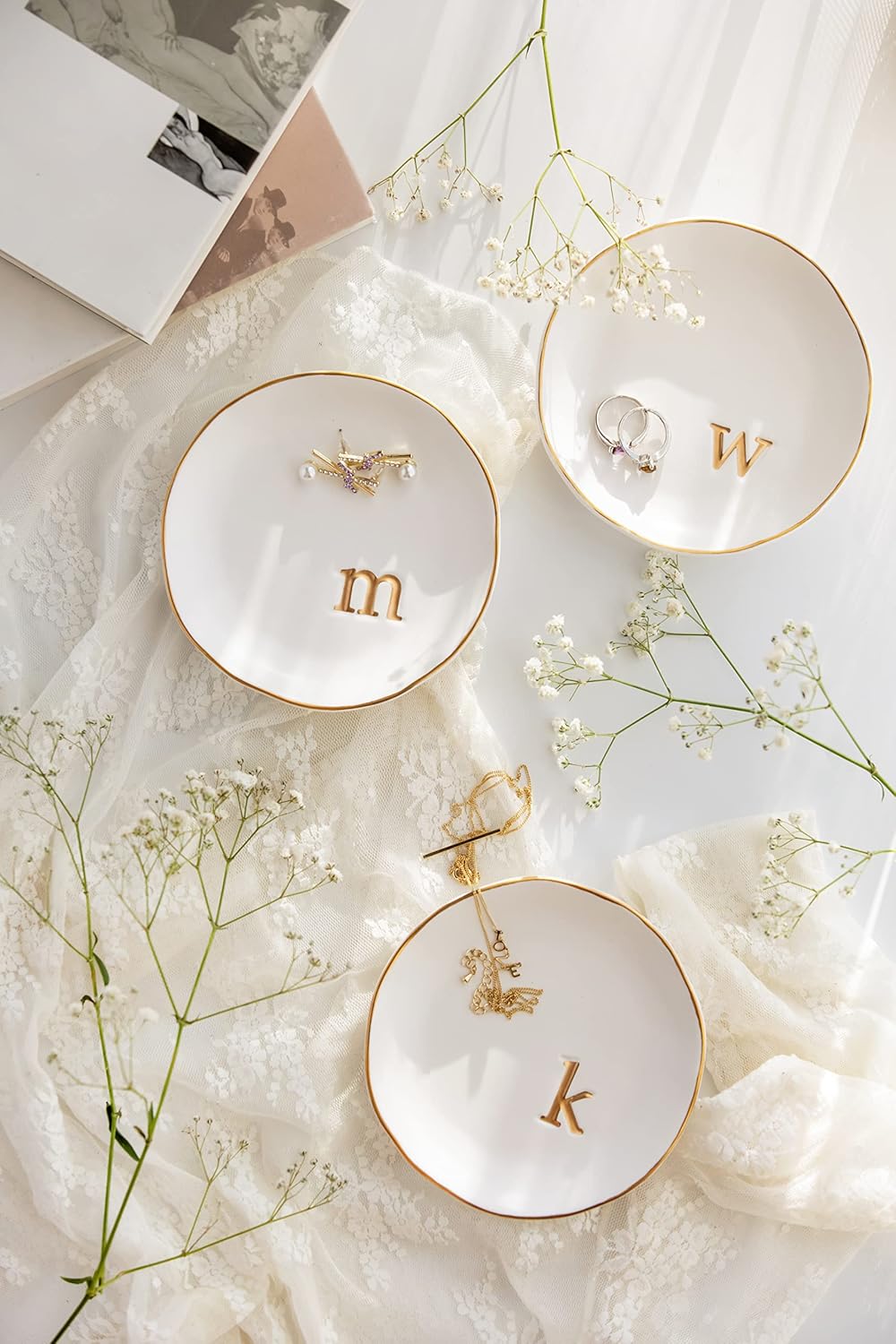 COLLECTIVE HOME - Ceramic Jewelry Tray, Decorative Trinket Dish for Rings Earrings Necklaces Bracelet Watch Keys, Birthday Mother's Day Christmas Gift for Women, 4.75", White Surface (A)