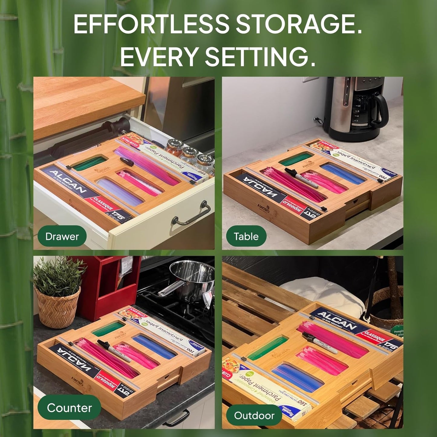 6 IN 1 Bamboo Baggie Organizer for Drawer, Storage Bag Organizer Kitchen Drawer for Foil, Aluminum, Saran Wrap, Compatible with Quart, Gallon, Sandwich and Snack Size Bags