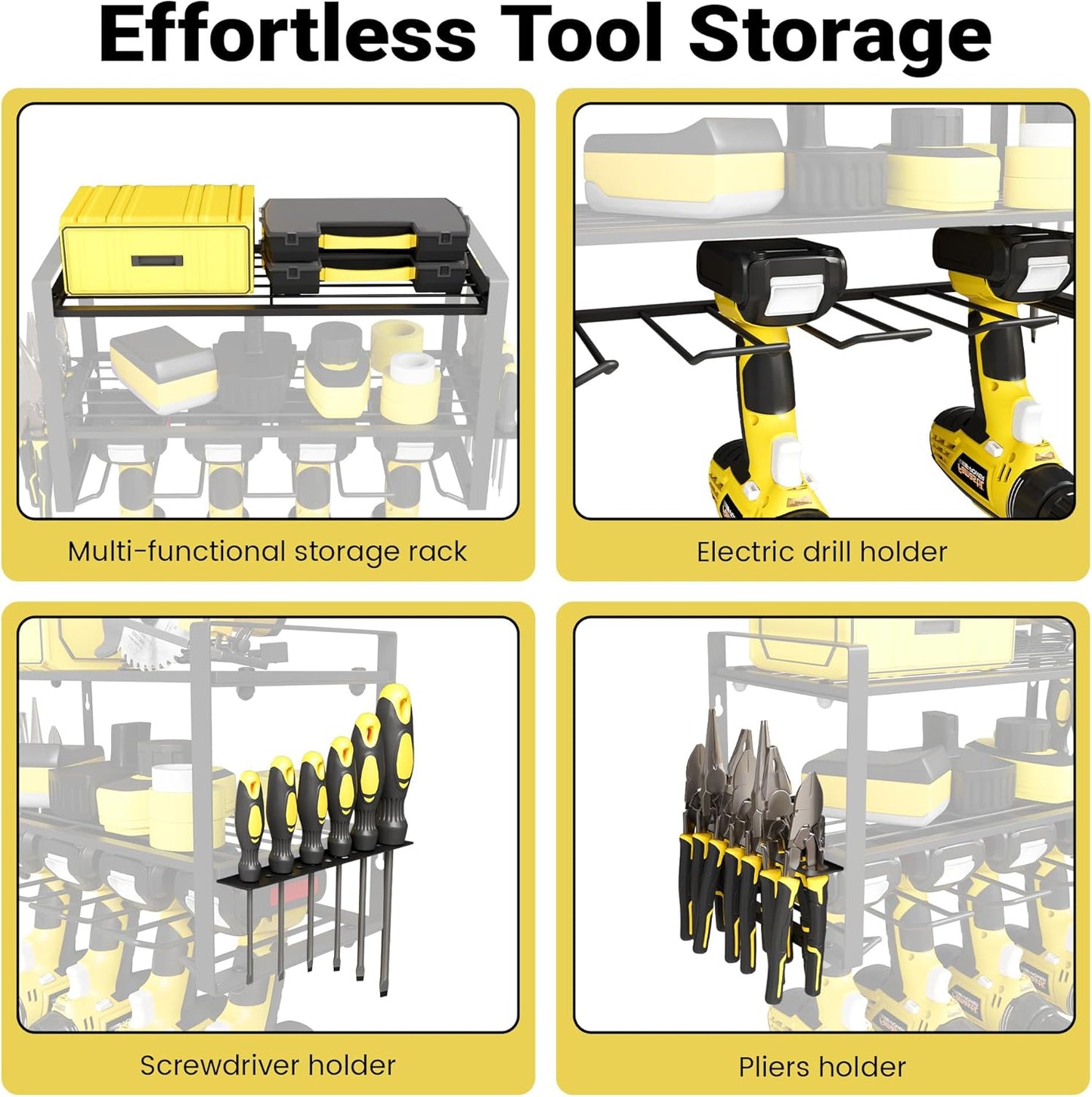 Power Tool Organizer Wall Mount, 3-Tier Heavy Duty Metal Rack Loads 180lbs with 4 Drill Holders and Side Hooks, Tool Battery Utility Rack Suitable Garage