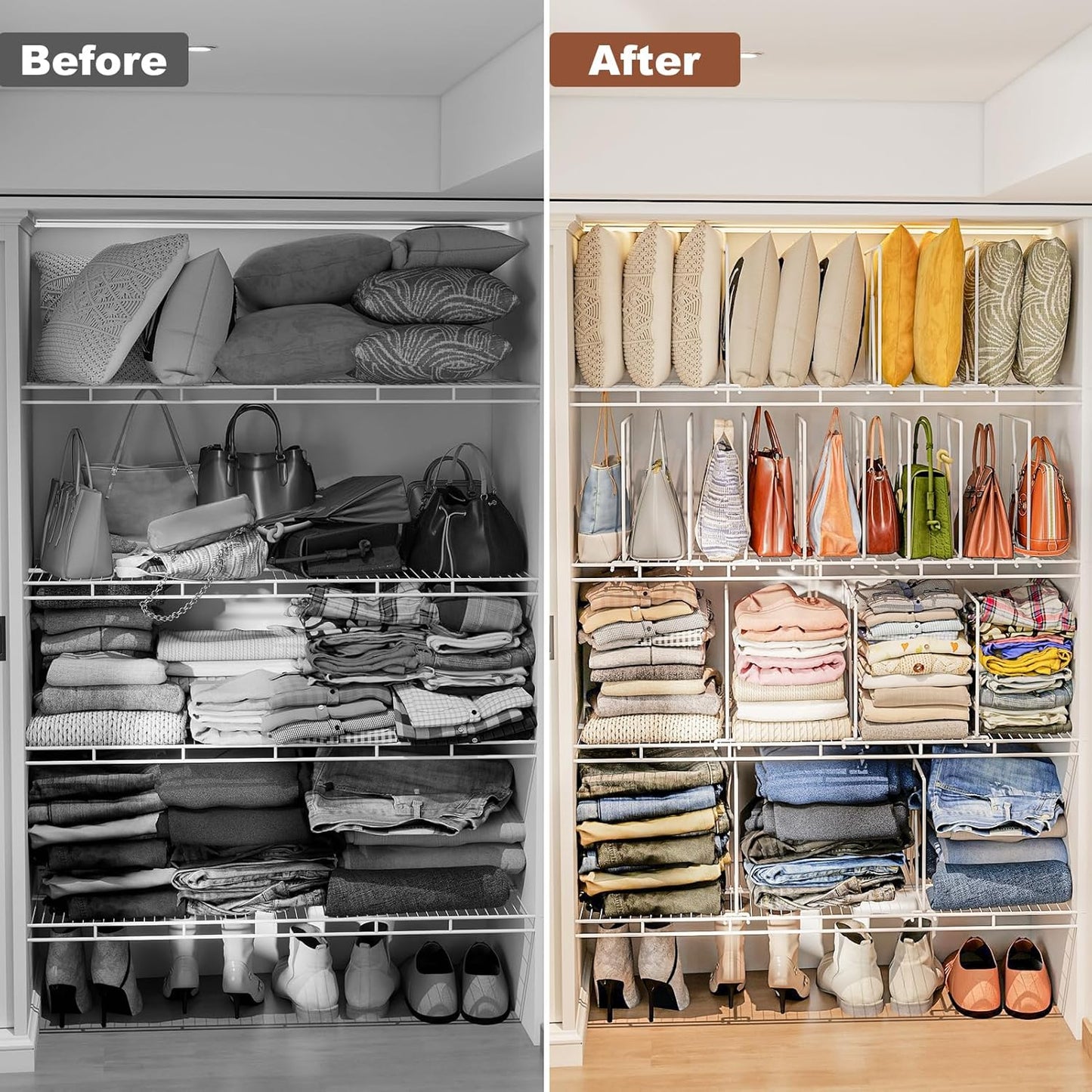Wire Shelf Dividers for Closet: Tall 8 Pack 12-Inch Deep Adjustable Organizer for Shelves,Metal Rack Separator for Clothes, Purses & Bags,No Tool