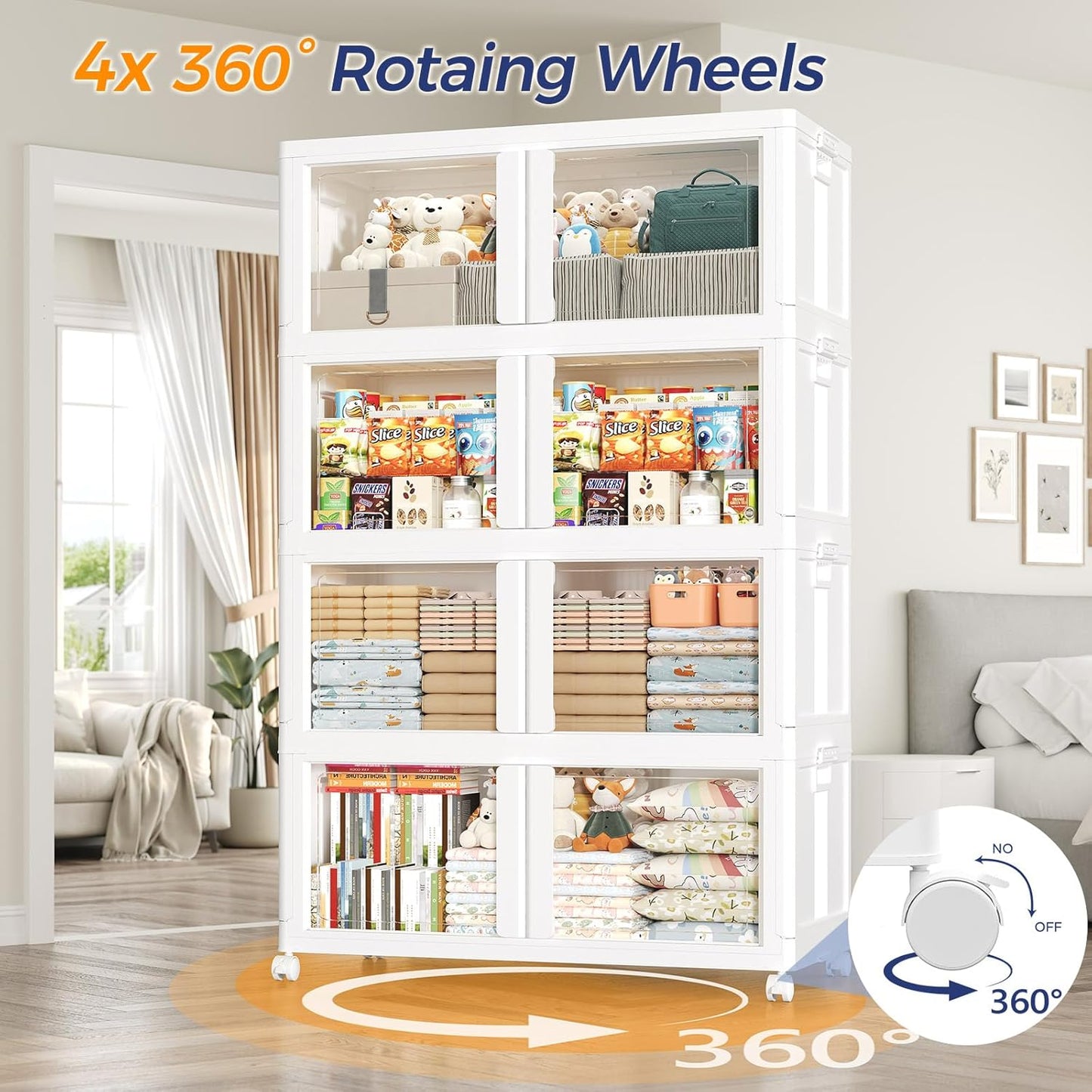 480Qt Stackable Storage Bins with Lid and Wheels, 120Gal Plastic Closet Organizer and Storage Drawer, Large Collapsible Storage Box Cabinet with Clear Door for Home Kitchen Office, 4Pack White