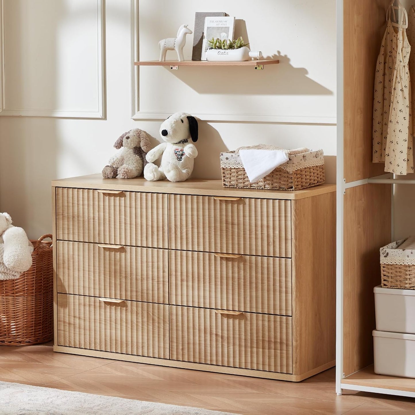 LEYAOYAO Fluted 6 Drawers Dresser Set of 2, 48" Wide Modern Chest of Drawers with Wood Grain Top, Curved Profile Design, Dresser TV Stand, Wooden Drawer Organizer for Bedroom, Living Room,Natural
