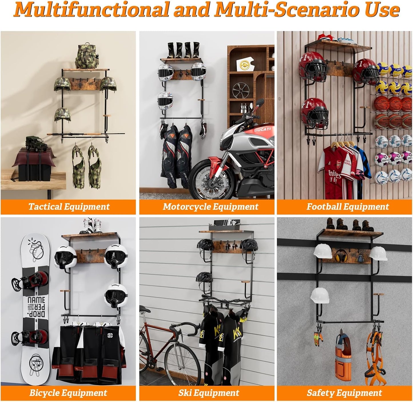 Motorcycle Helmet Holder Wall-Mounted Helmet Rack with 4 Glove Chips& Hooks - Rustic Bike Helmets Storage Organizer, Universal Wall Mount for Helmets, Gear, Clothes, Accessories,Retro