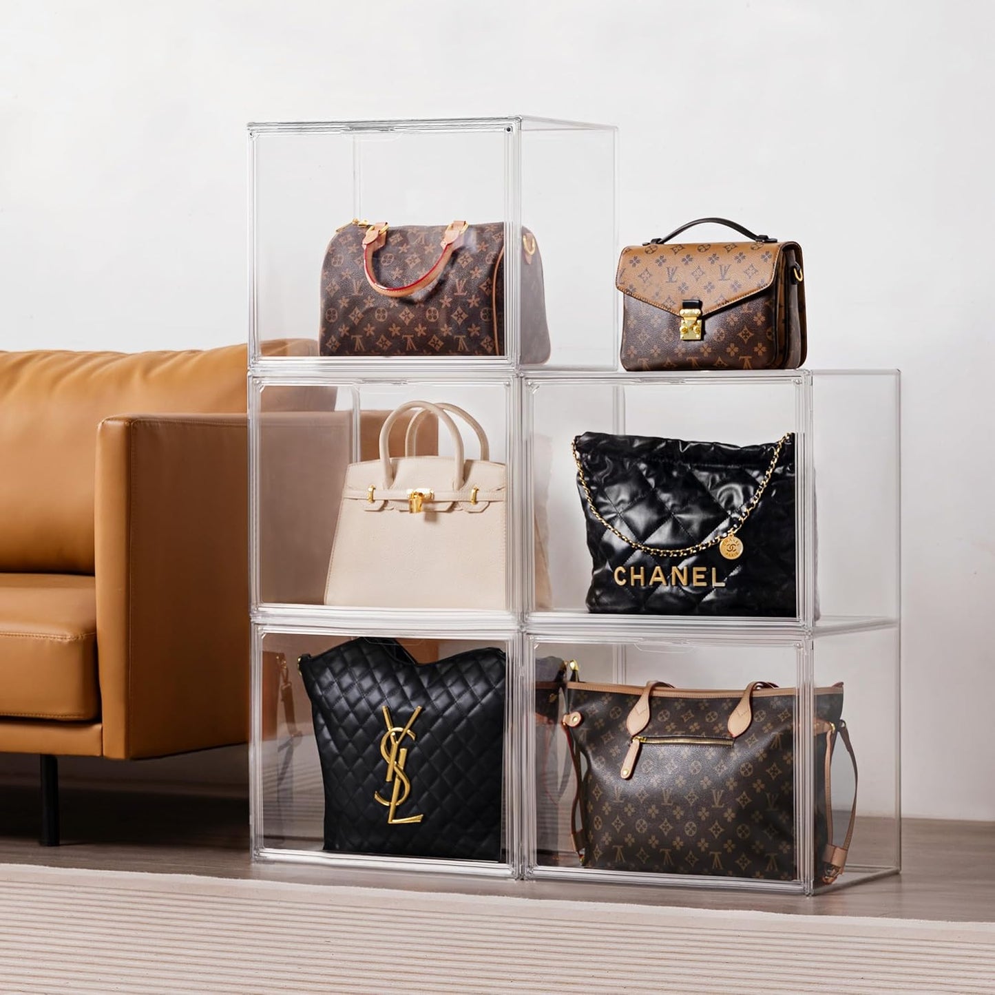 HBlife 3 Pack Purse Storage Organizer for Closet, X-Large Clear Stackable Handbag Display Case Box with Magnetic Door for Collectibles, Cosmetics, Women Heels and Toys
