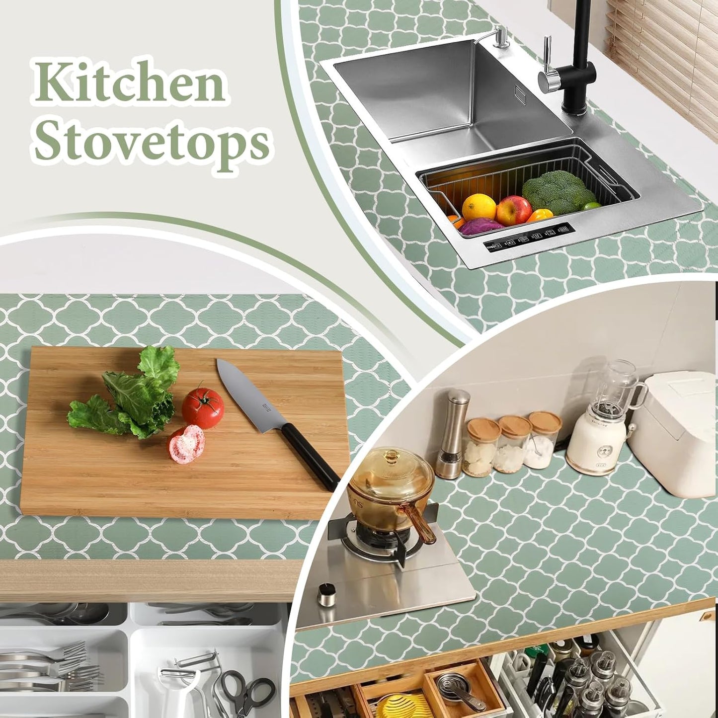 Shelf Liners for Kitchen Cabinets Non Adhesive Drawer Liner 17.5in x 20FT Light Green Quatrefoil Thickened Shelf Liner Strong Non-Slip Easy to Clean Tool Box Refrigerator with Knife and Tape Measure