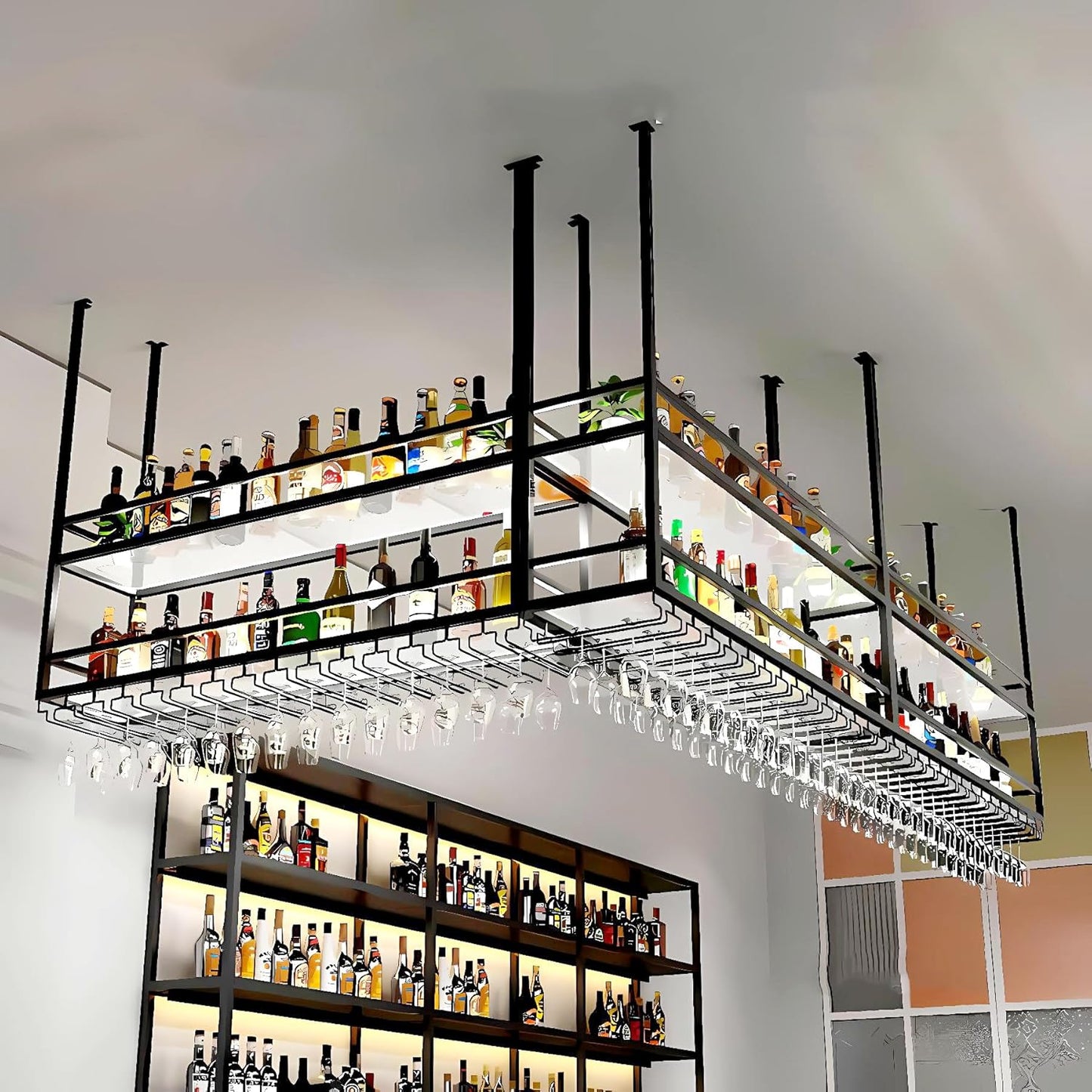 47.2IN Acrylic Ceiling Wine Glass Rack with Transparent Shelves, Hanging Wine Rack with Glass Holder and LED lights, 2 Layer Ceiling Bottle Holder Shelf for Bar Kitchen Decorate (47.2in/120cm)