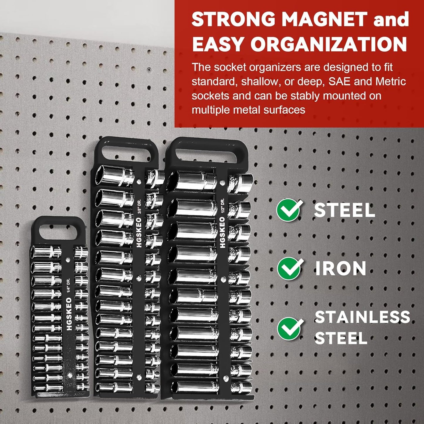 Magnetic Socket Holder Set with Handle, Portable Socket Organizer, Heavy Duty Socket Racks (Black, 1/2" Drive)
