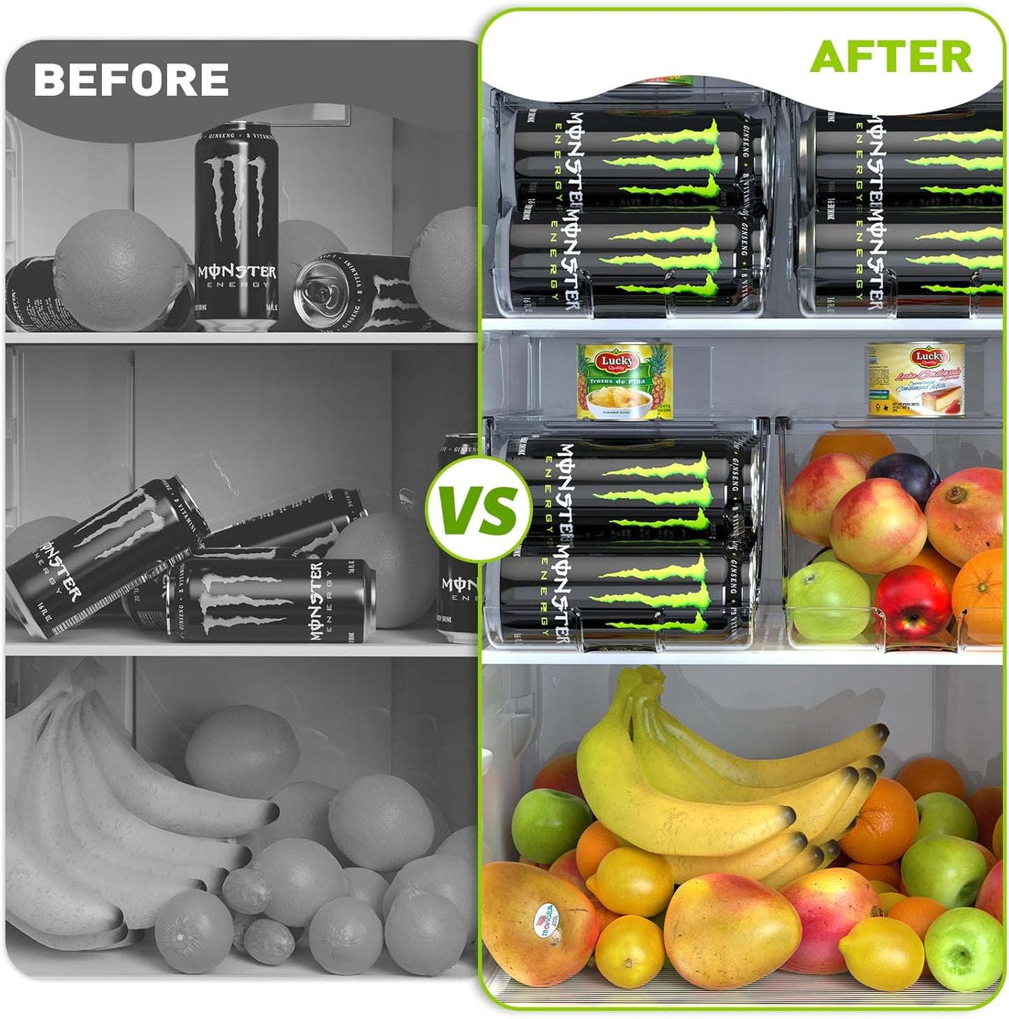 2 Pack Tall Skinny Can Organizer for Refrigerator, Stackable Large Soda Cans of 16oz & 17oz Beverage Energy Drink Container Holder Dispenser with Lid for Fridge, Clear Storage Plastic Bins