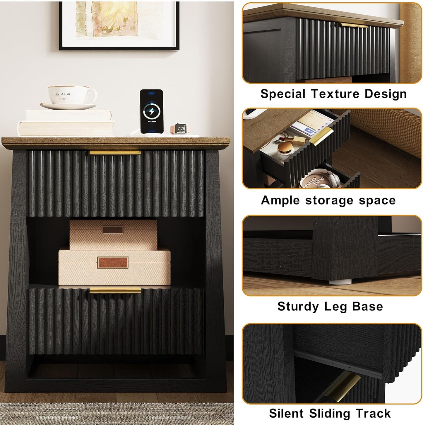 HIFYOBRO Fluted Nightstands Set of 2 with Charging Station & Motion Sensor Light, Modern Bedside Tables with 2 Drawers and Storage Shelf for Bedroom, Black