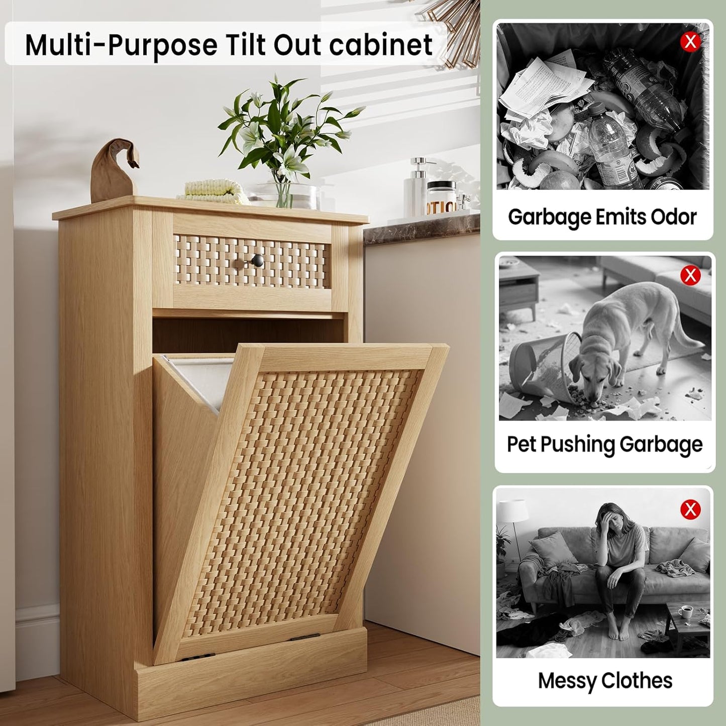 Double Tilt Out Laundry Hamper Cabinet,10 Gallon Laundry Cabinet with Drawers & 2 Hidden Baskets, Farmhouse Storage Basket for Laundry Room, Bathroom, Kitchen, Wood
