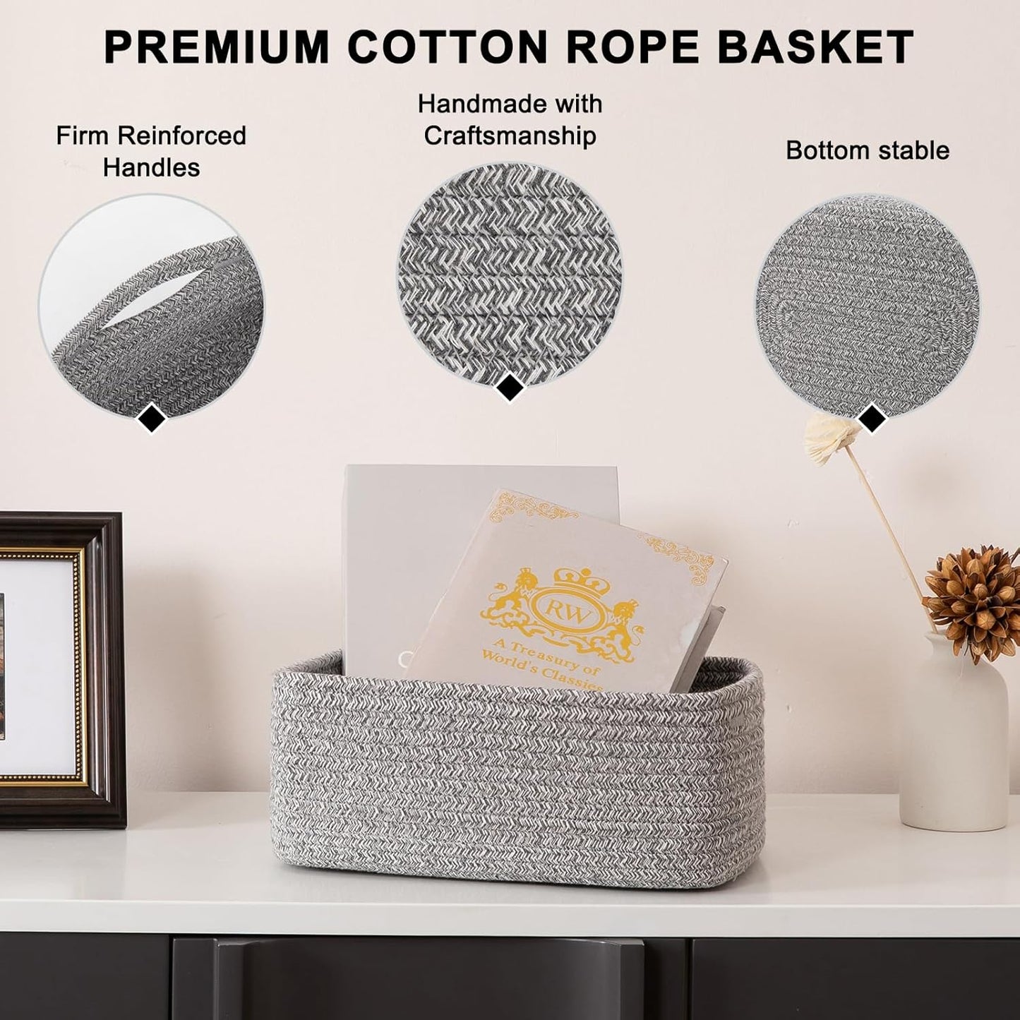 4 Pack Small Storage Shelf Baskets for Organizing, Mini Woven Rope Storage Bins for Towels, Cute Decorative Closet Organizer,Baby Nursery, Gift Empty Baskets -11.81''Lx7.87''Wx4.72''H-Grey