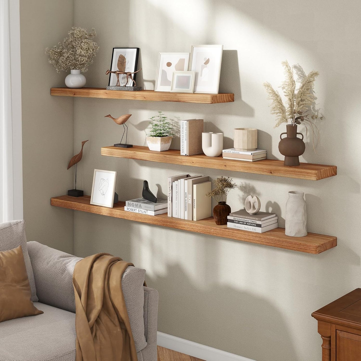 Fun Memories 72 Inch Floating Shelves for Wall, Solid Elm Wood Wall Shelf for Home Decor, Heavy-Duty Hardwood Floating Shelf for Bedroom, Bathroom, Living Room, Set of 1