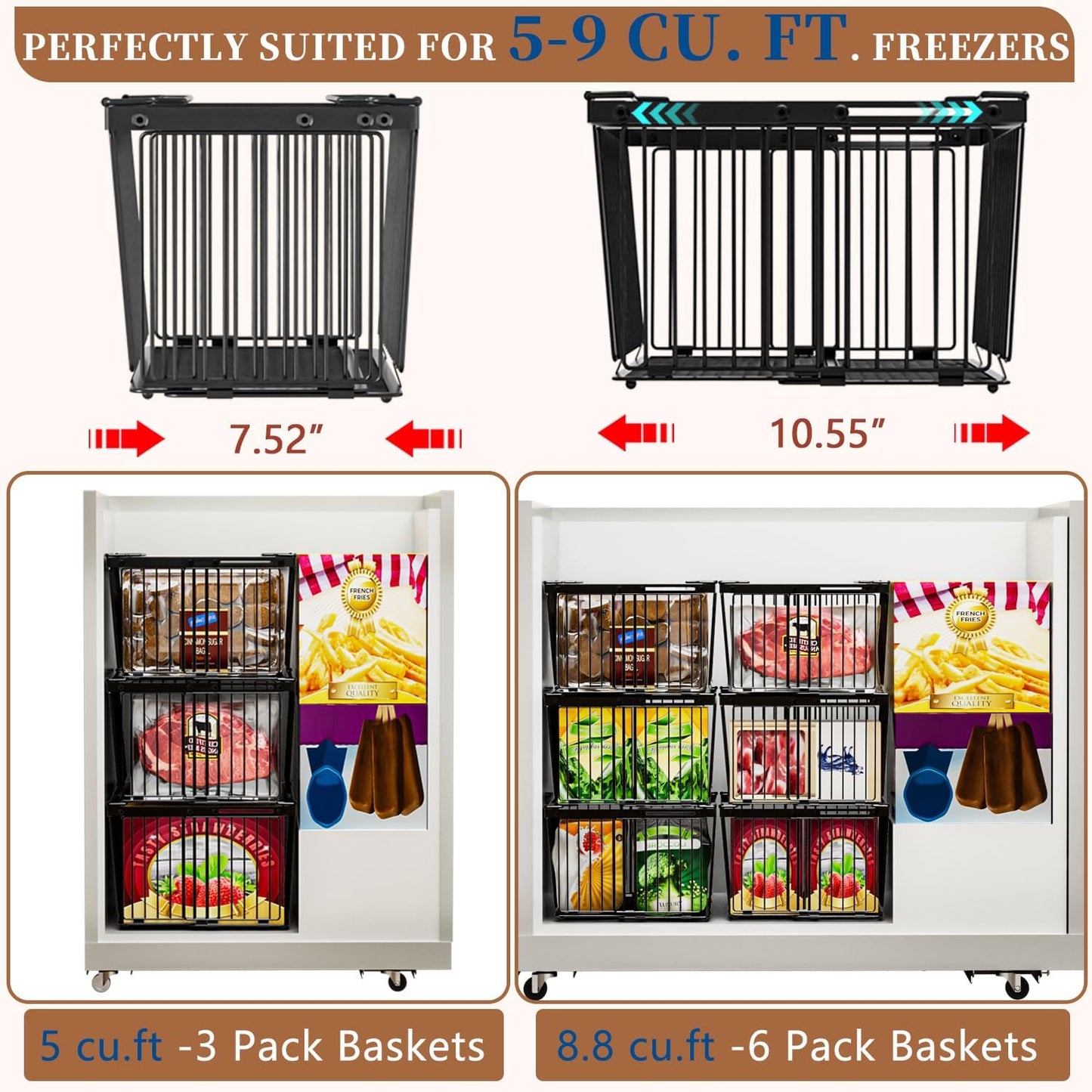 Large Freezer Organizer Bins,Upgraded Bottom Leak-Proof net,Fit 5 to 9 Cu Ft Chest Freezer,3 Pack, Expandable Stackable Chest Freezer Containers with Handle