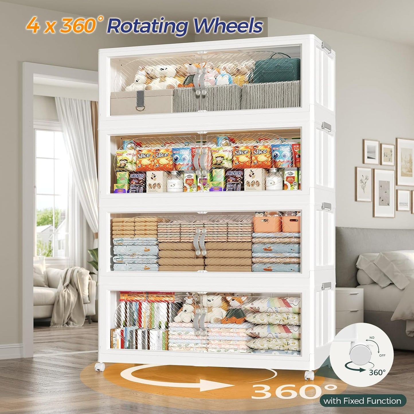 800QT Extra Large Stackable Storage Bins with Lid & Wheels & Doors, 200Gal Foldable Collapsible Closet Organizers, Plastic Cabinet Box Container Drawer for Home Kitchen Bedroom, 5Pack White
