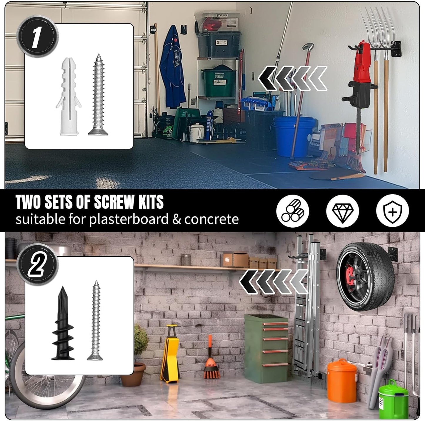 Heavy Duty Garage Hooks and Tool Organizer, Wall Mount Utility Storage Hangers for Car Tires, Ladders, Chairs, Garden Tools, Power Tools and More(4PC-12.4 Inches)
