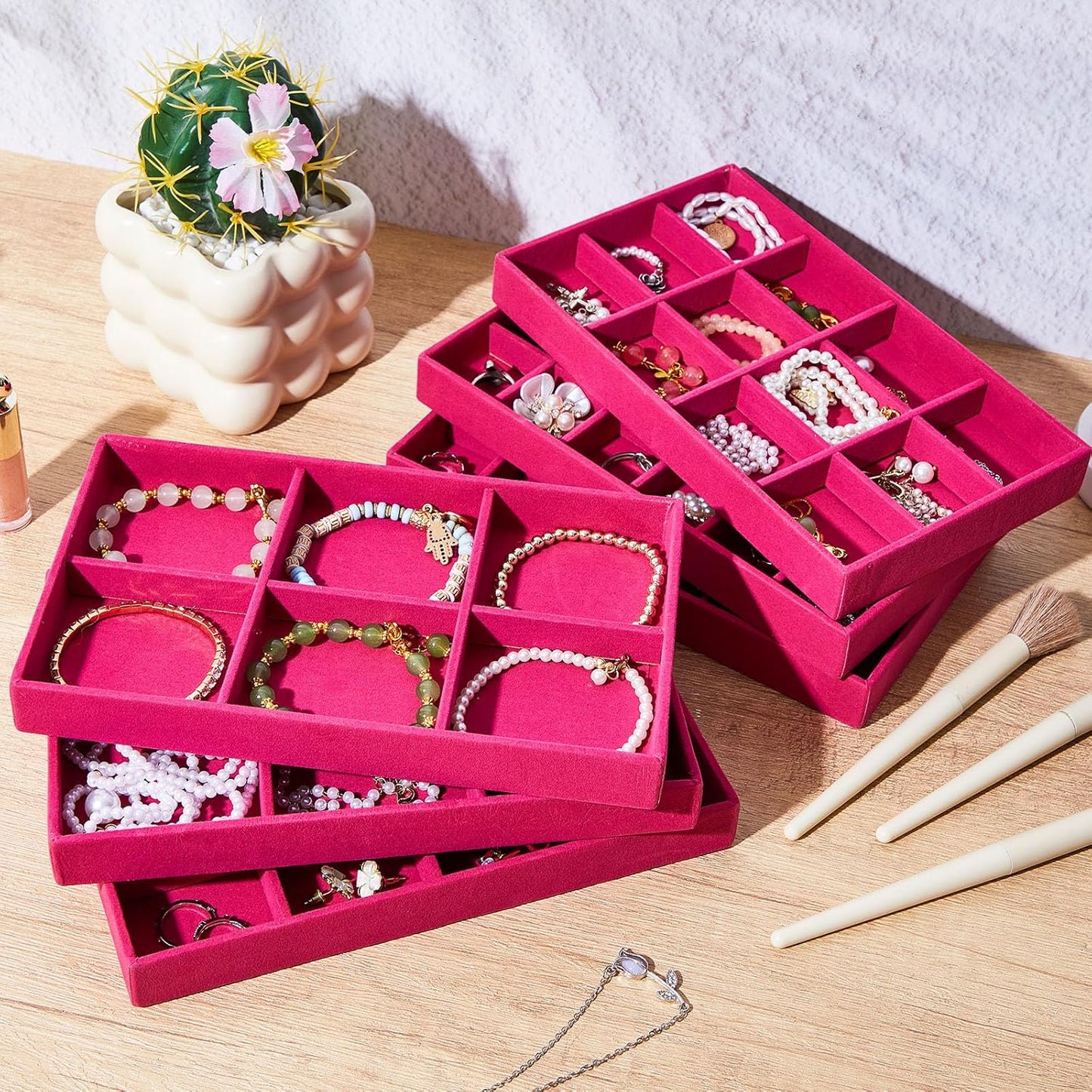 Junkin 12 Pcs Jewelry Tray Velvet Stackable Jewelry Organizer Trays Divided Earring Accessories Storage Containers Box (Rose Red)