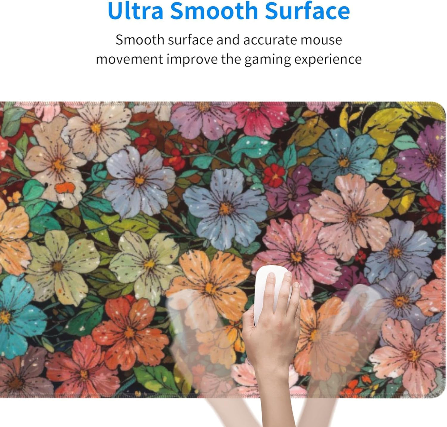Colorful Flowers Large Mouse Pad, Watercolor Floral Gaming Desk Mat, XL Keyboard Desk Pad Mat for Desktop, 31.5"x11.8" Non-Slip Base Big Mousepad with Stitched Edges