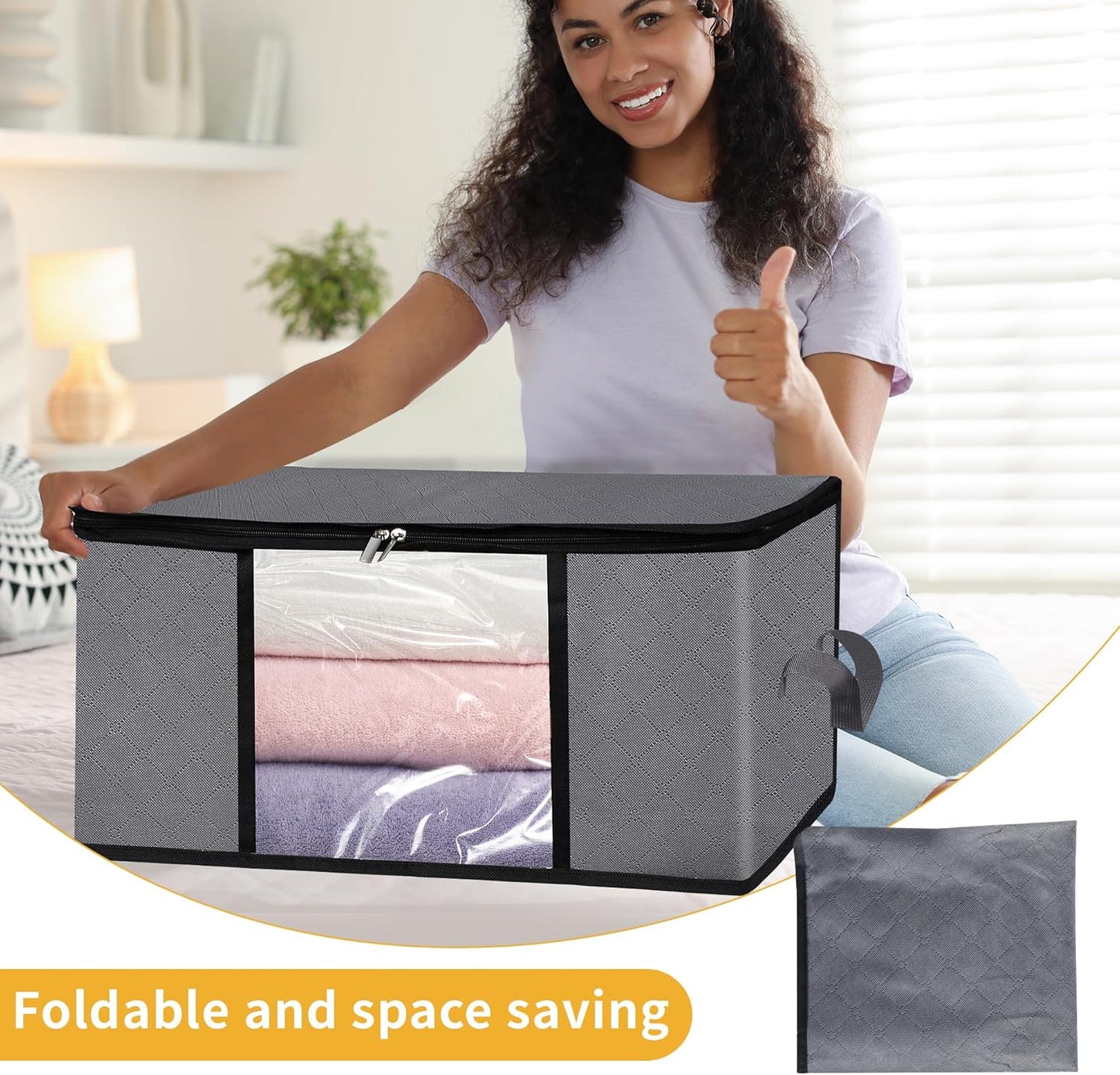 2 Pack Clothes Storage Bags, 90L Large Blanket Storage Bag Comforter Storage Bin with Reinforced Handle and Lid Foldable Closet Organizer and Storage Containers for Bedding Pillows Sheets and Duvet