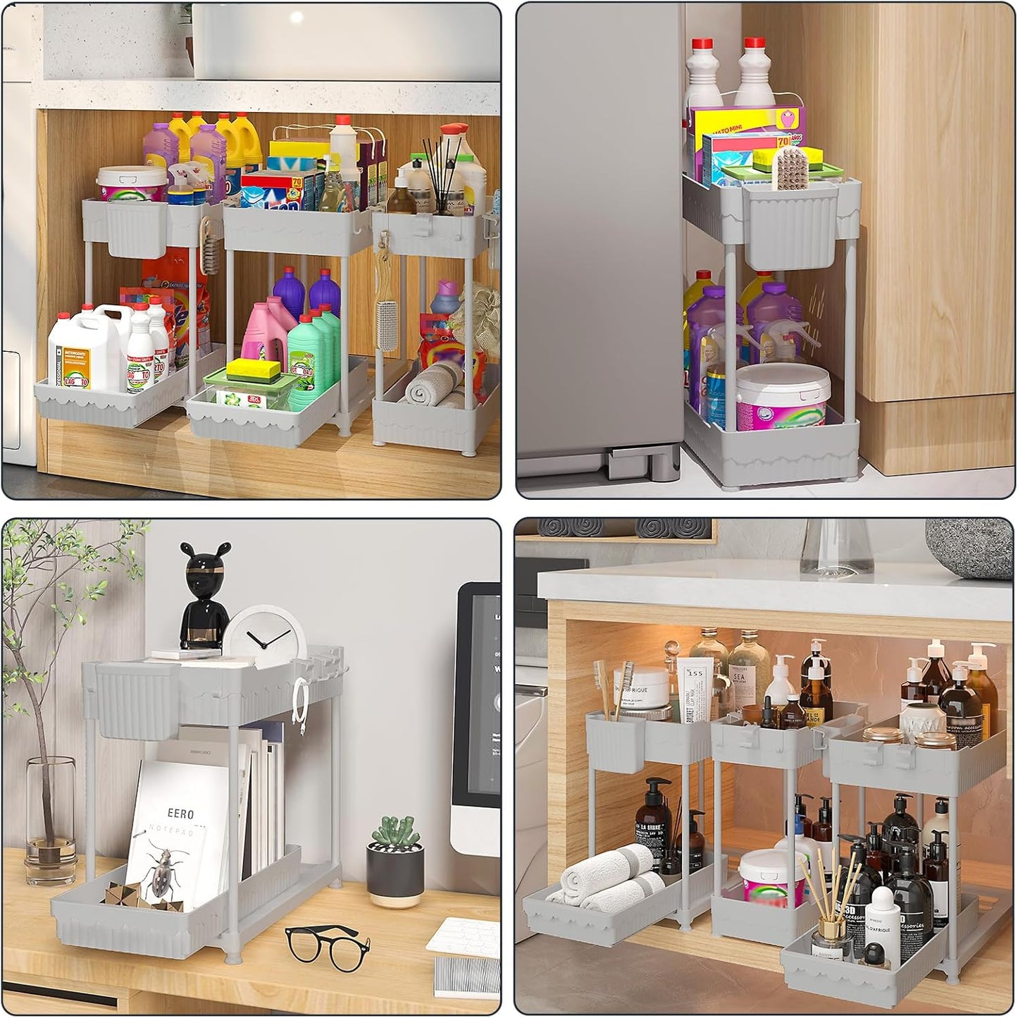 3 Pack Under Sink Organizers, 2-Tier Multi-Use Kitchen and Bathroom Organizers and Storage with Sliding Drawers,Bathroom Cabinet Organizer (Gray, 14.8 Inch)
