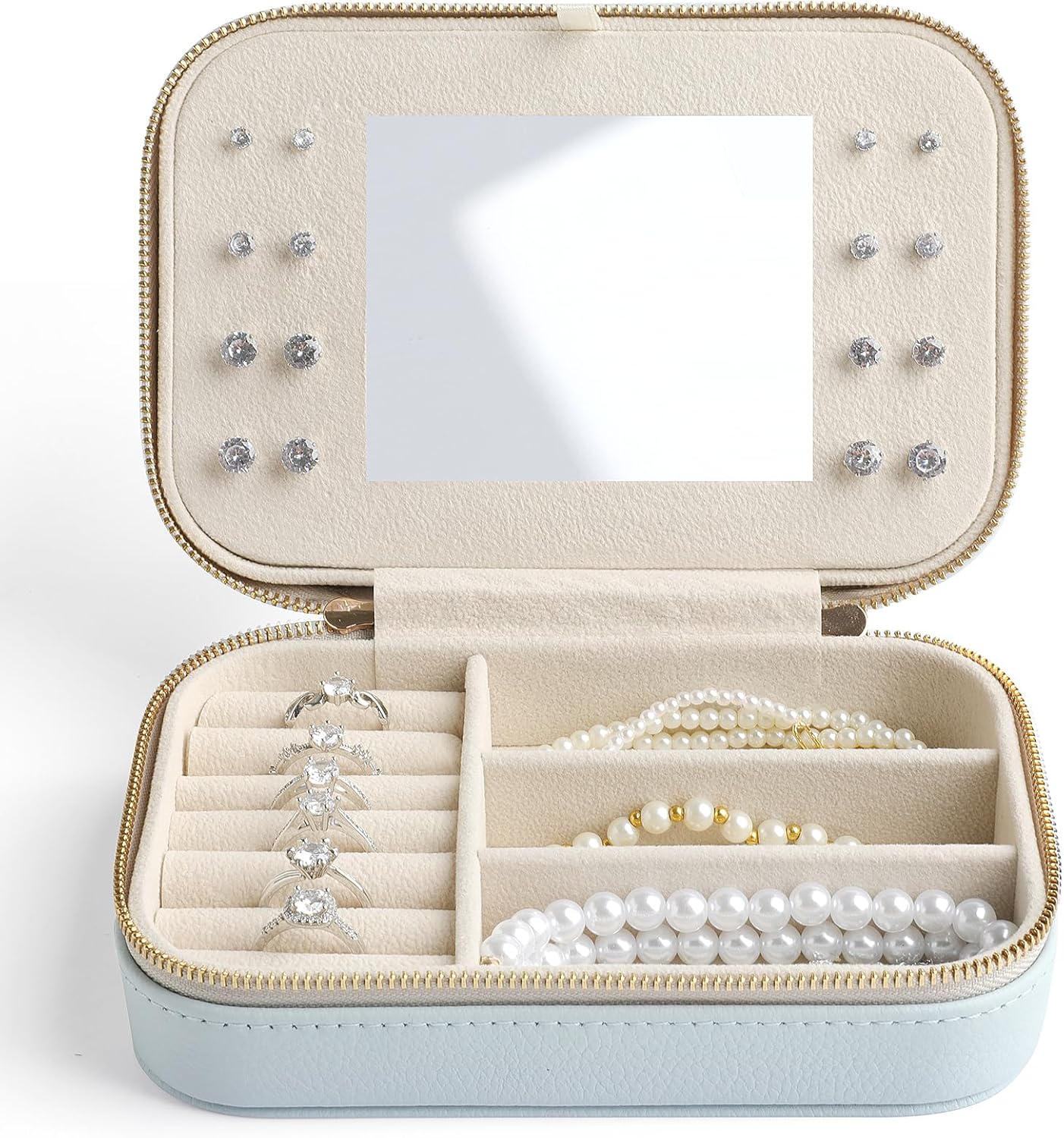 Genuine Leather Travel Jewelry Organizer Case with Mirror for Women, Small Mini Portable Jewelry Box for Ring Earrings Necklace Bracelet Luxury Gift for Women(Dark Green)