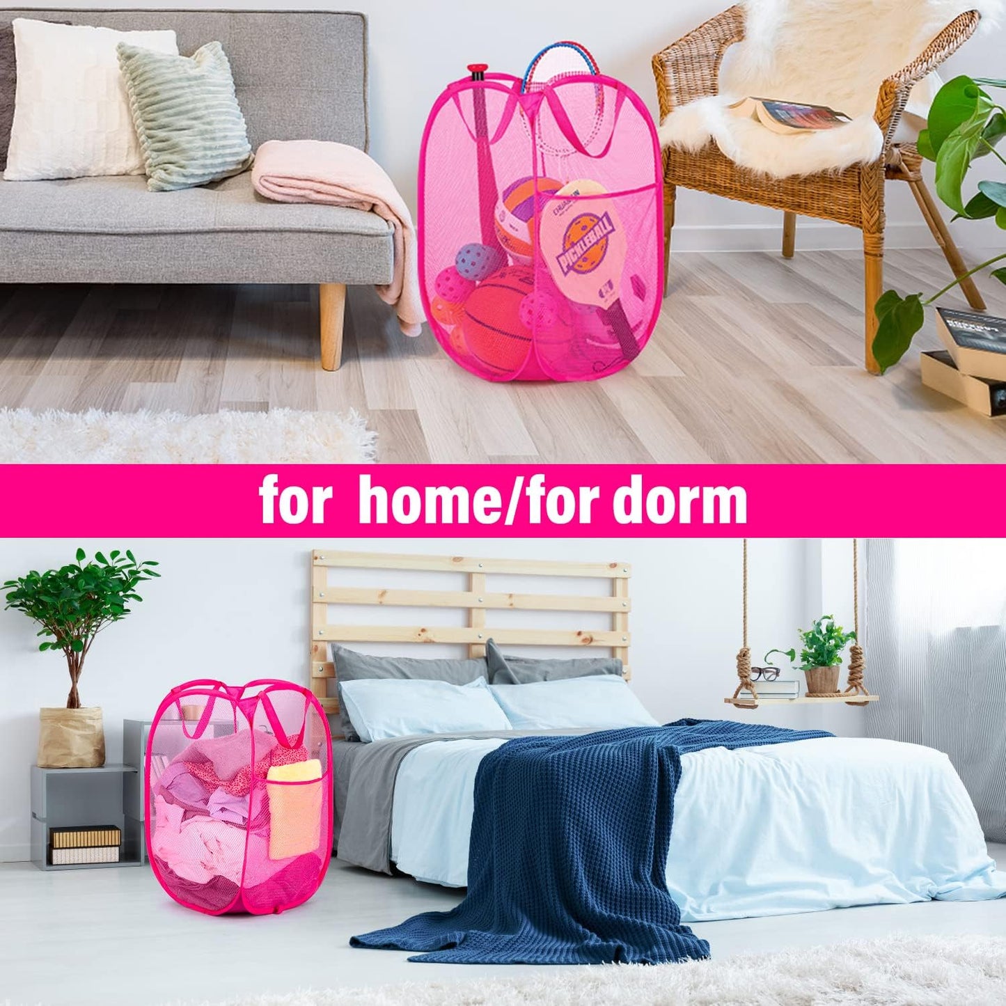 BATTOO Deluxe Strong Mesh Pop up Laundry Hamper Basket with Side Pocket for Laundry Room, Bathroom, Kids Room, College Dorm or Travel 3 Pack Blush
