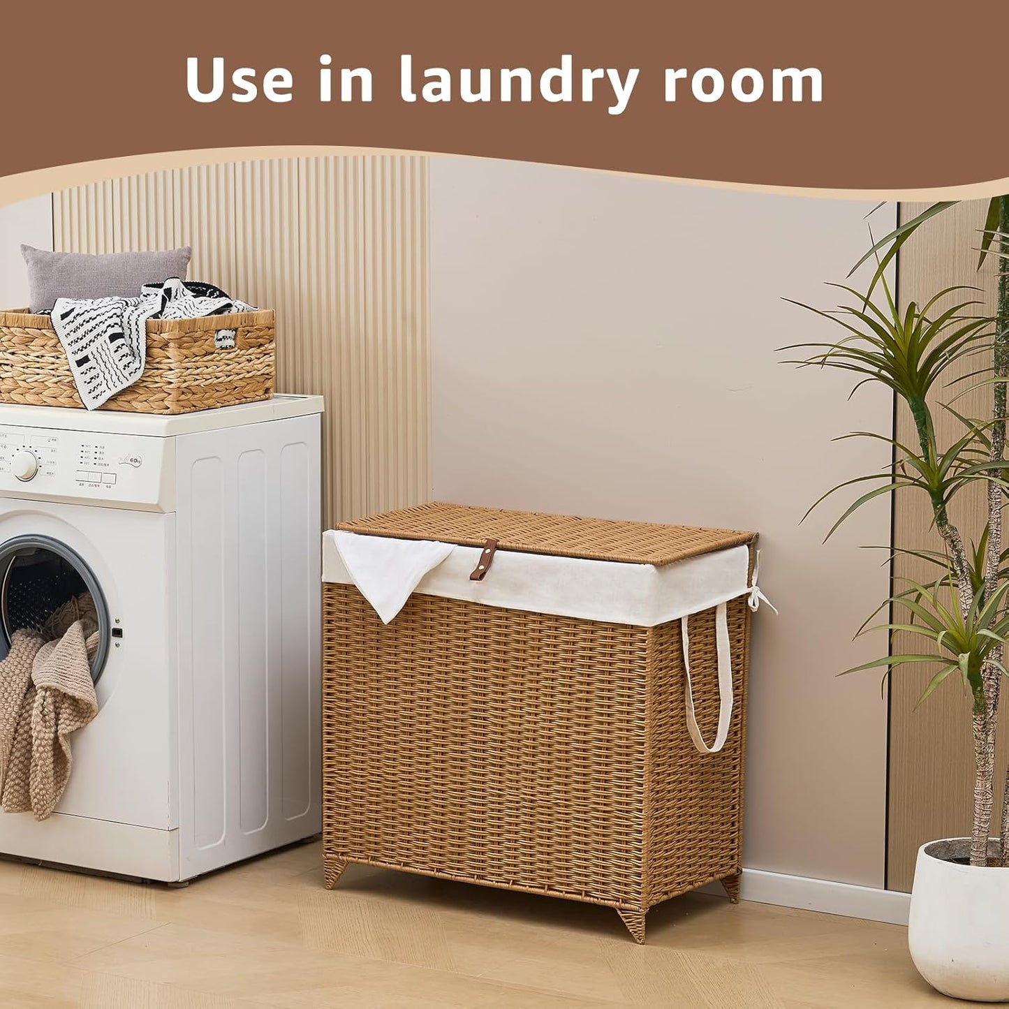 Laundry Hamper with Lid and Removable Liner Bag, Handwoven Rattan Clothes Hamper with Heightened Feet, Wicker Laundry Basket for Clothes and Towels,Large, 2-sections