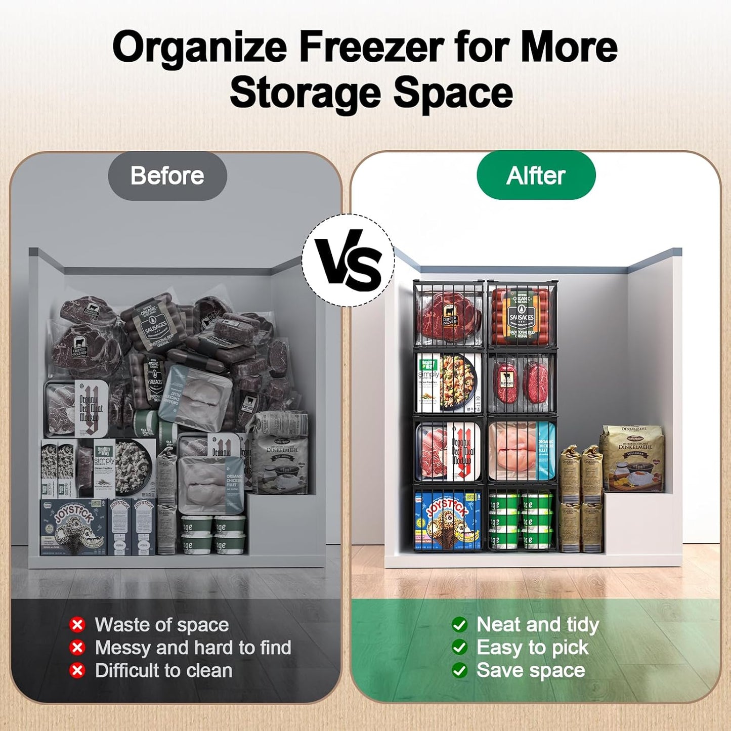 Freezer Organizer Bins, 4 Pack Stackable Deep Chest Freezer Organizer Bins, Foldable Baskets with Handles, Black Storage Container Baskets for 5/ 7 Cu.FT Deep Freezer Sort Frozen Meats