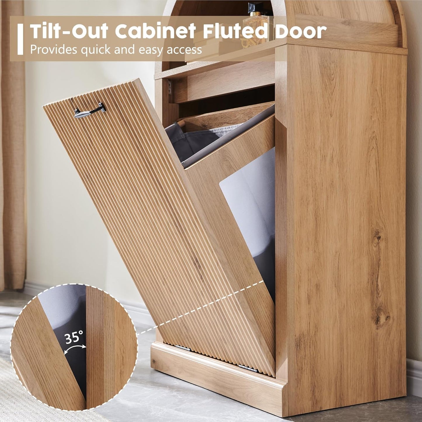 Arched Tilt-Out Trash Can Cabinet, Fluted 10 Gallon Trash Can Cabinet Set of 2, Modern Laundry Hamper, Hidden Garbage with Storage Basket for Kitchen, Living Room, Natural