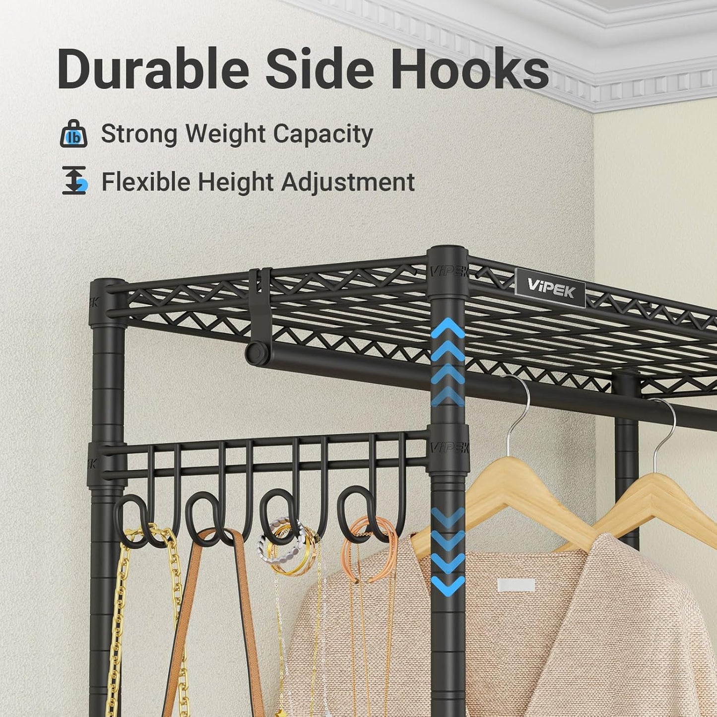 VIPEK R3 Heavy Duty Garment Rack with Lockable Wheels, Portable Rolling Closet with Adjustable Shelves & Hanging Rod & Side Hooks, Compact Space-Saving Storage for Small Apartments/Dorms (Black)