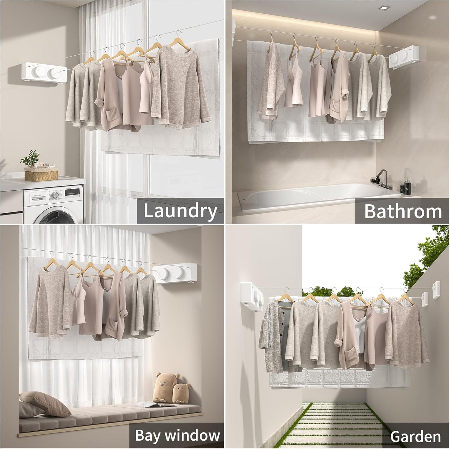 JOOM Retractable Clothesline Indoor Outdoor Clothes Line - Heavy Duty Clothes Drying Laundry Line - Wall Mounted Drying Rack - Air Dry Clothing Lock to Prevent Sagging (Two line,White)