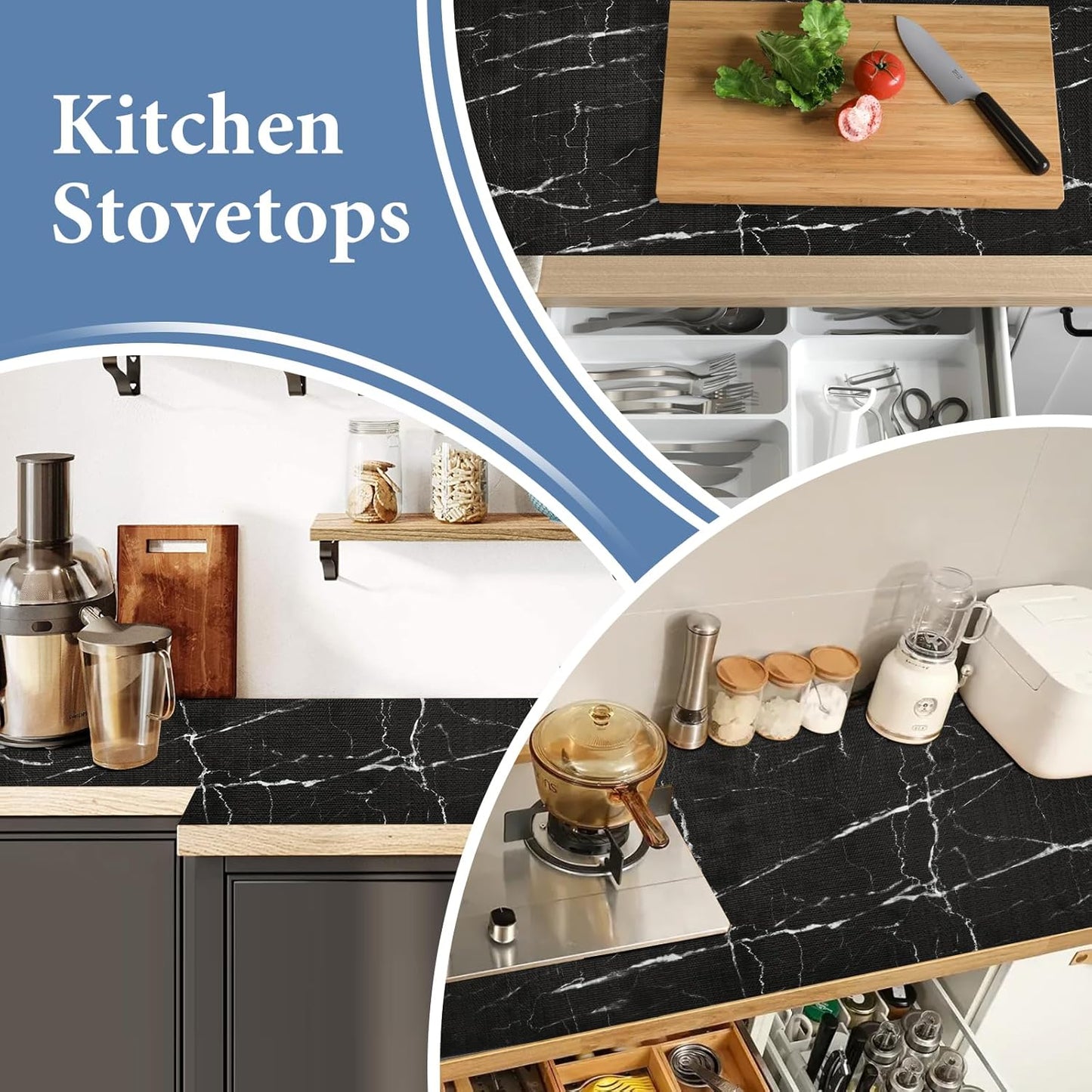Drawer and Shelf Liner for Kitchen Cabinet: 17 in X 20 Ft Non Slip Waterproof Shelf Paper Non Adhesive Refrigerator Liners Black Marble Easy Liners for Bathroom with Knife Tape Measure