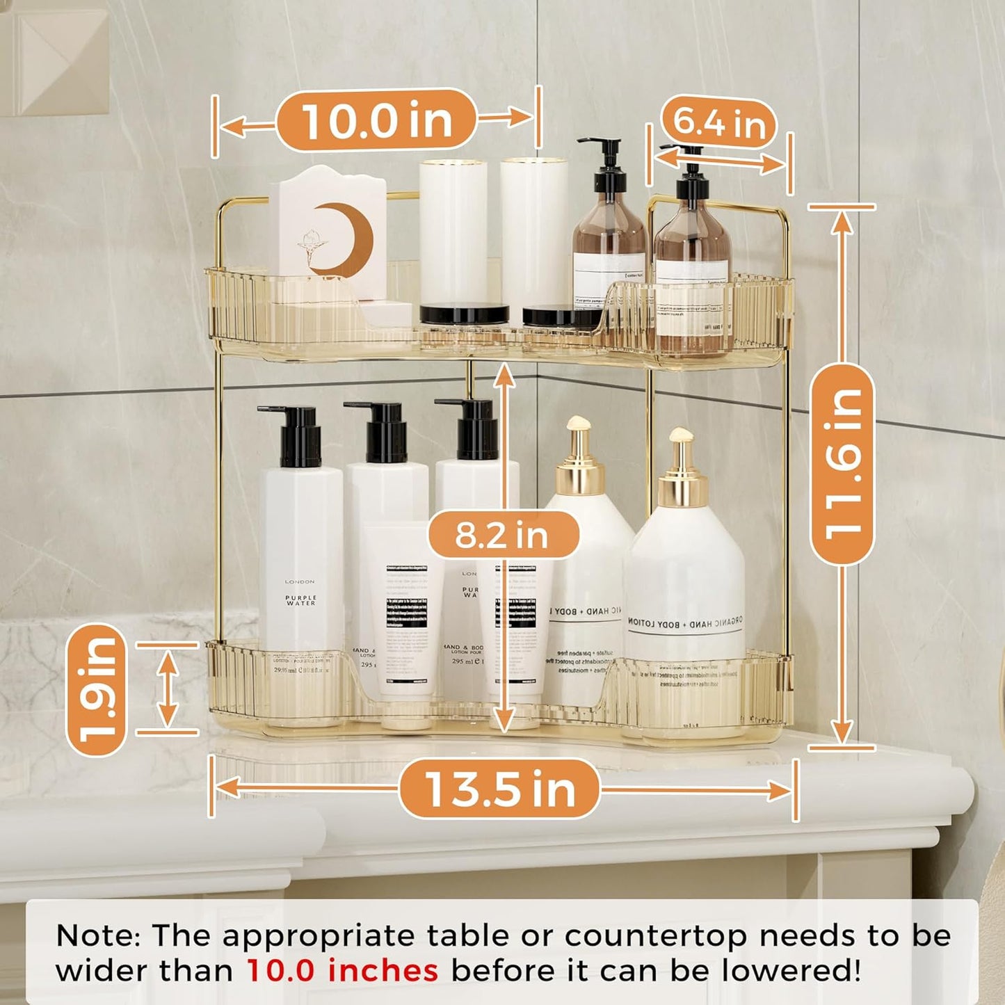 YCIA&DONE Corner Bathroom Counter Organizer, Makeup Organizer for Vanity, Skincare Cosmetic Perfume Tray, Corner Countertop Shelf Rack Storage for Bathroom Kitchen 2 Tiers (Amber Gold)
