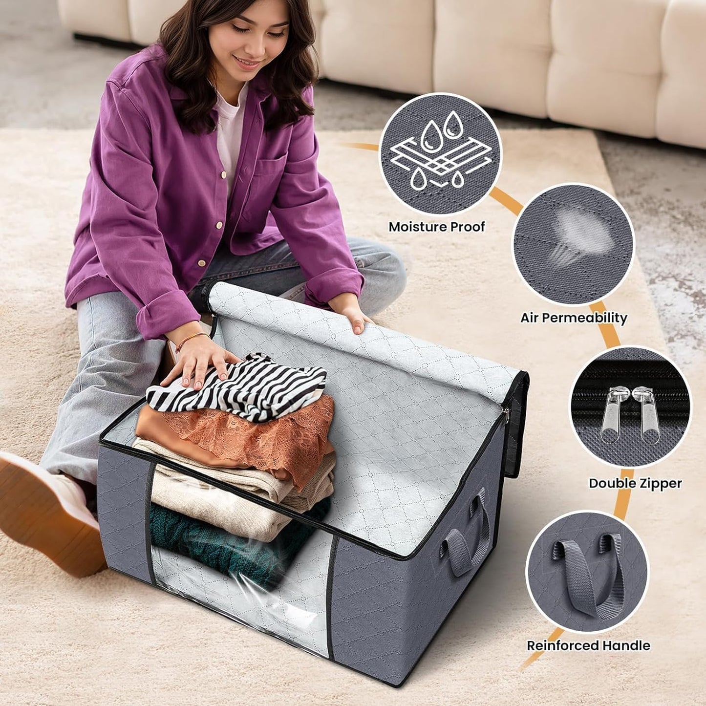 Large Clothes Storage Bags 8 Pack, Foldable Closet Organizers with Durable Breathable Fabric & Clear Window for Blankets, Comforters, Pillows, Bed Sheets, Toys & Seasonal Clothing (Gray)